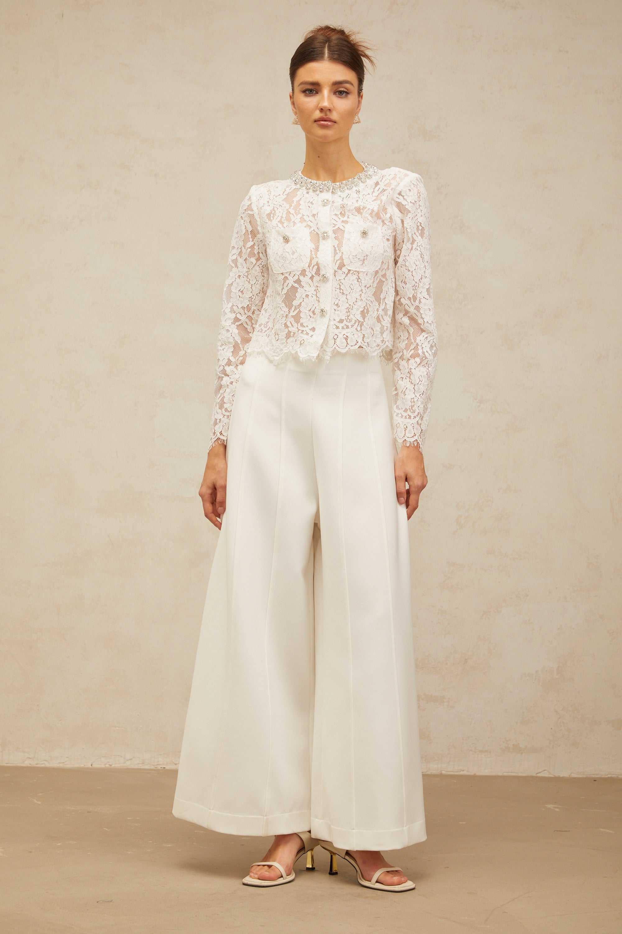 Monique white embellished floral-lace jacket