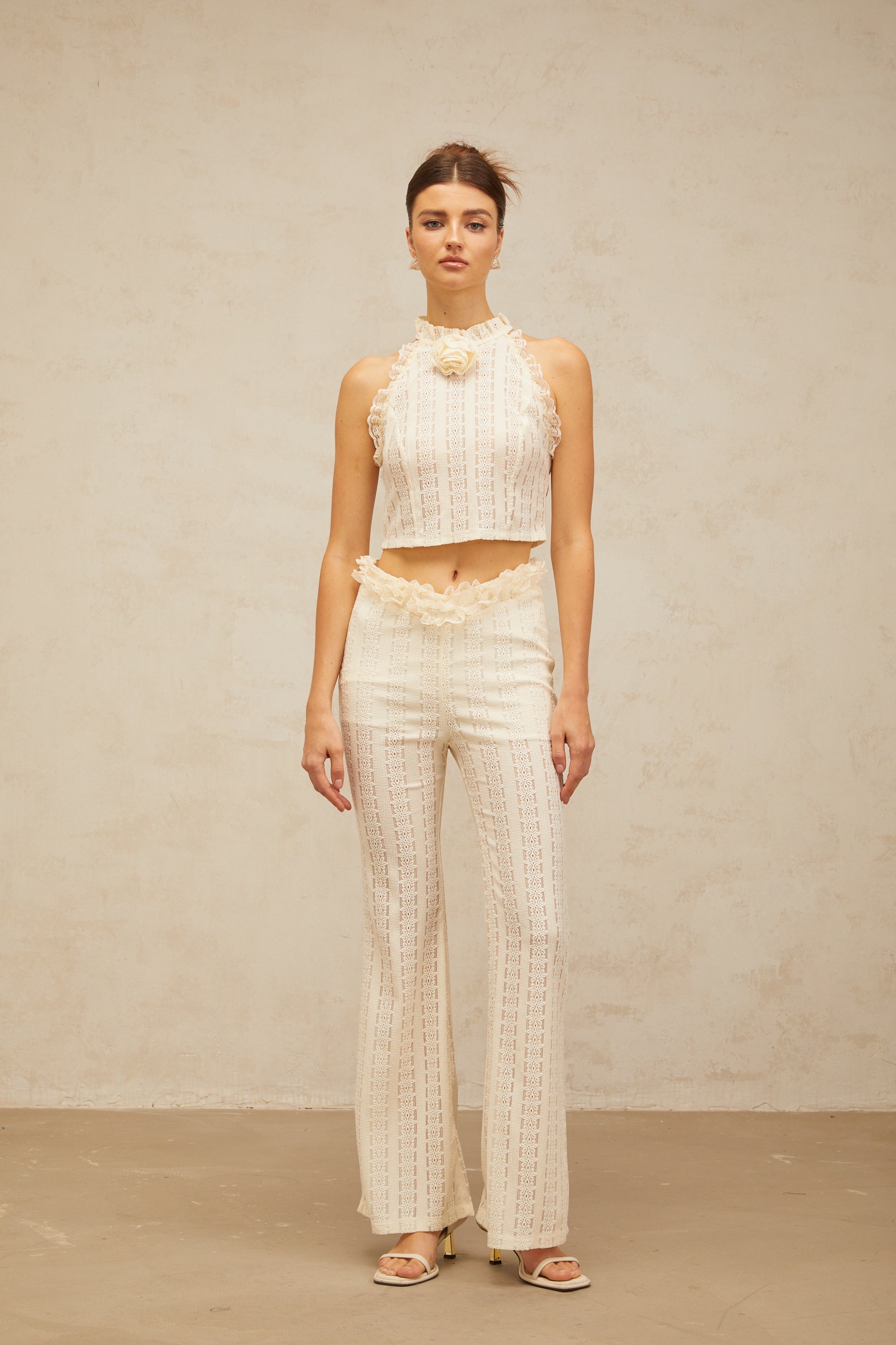 Magali cream-white ruffled-lace-trim jacquard top & trousers matching set