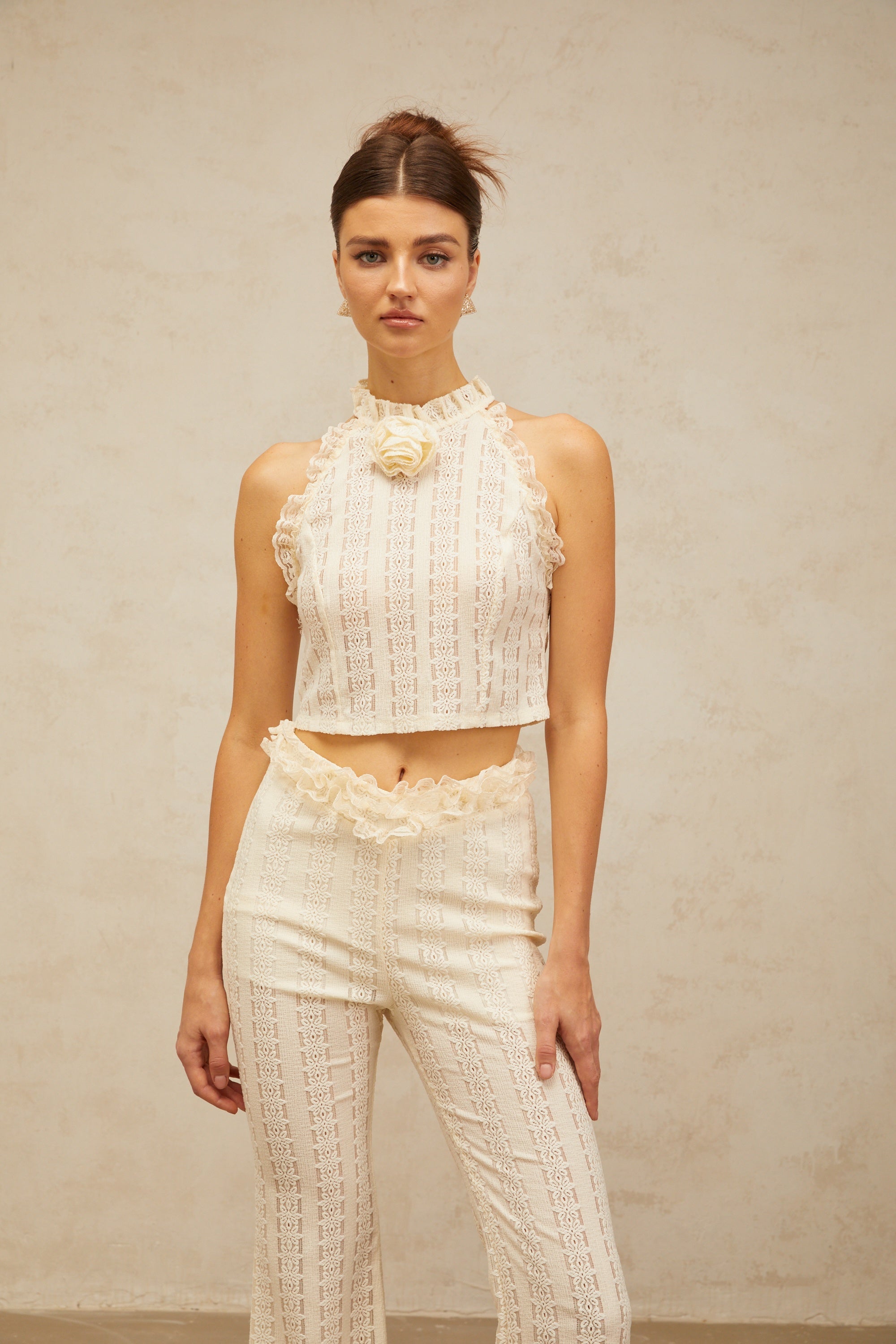 Magali cream-white ruffled-lace-trim jacquard top & trousers matching set