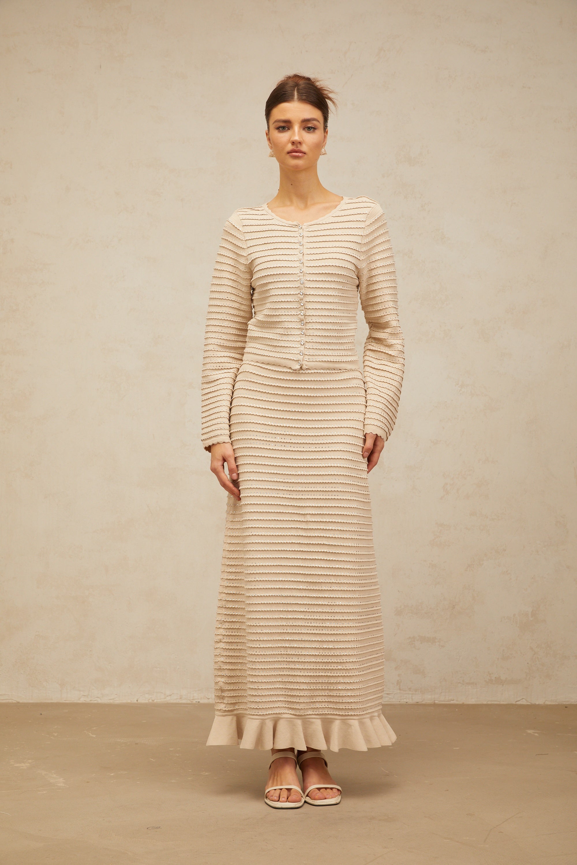 Aveline embellished ruffled knit cardigan & skirt matching set