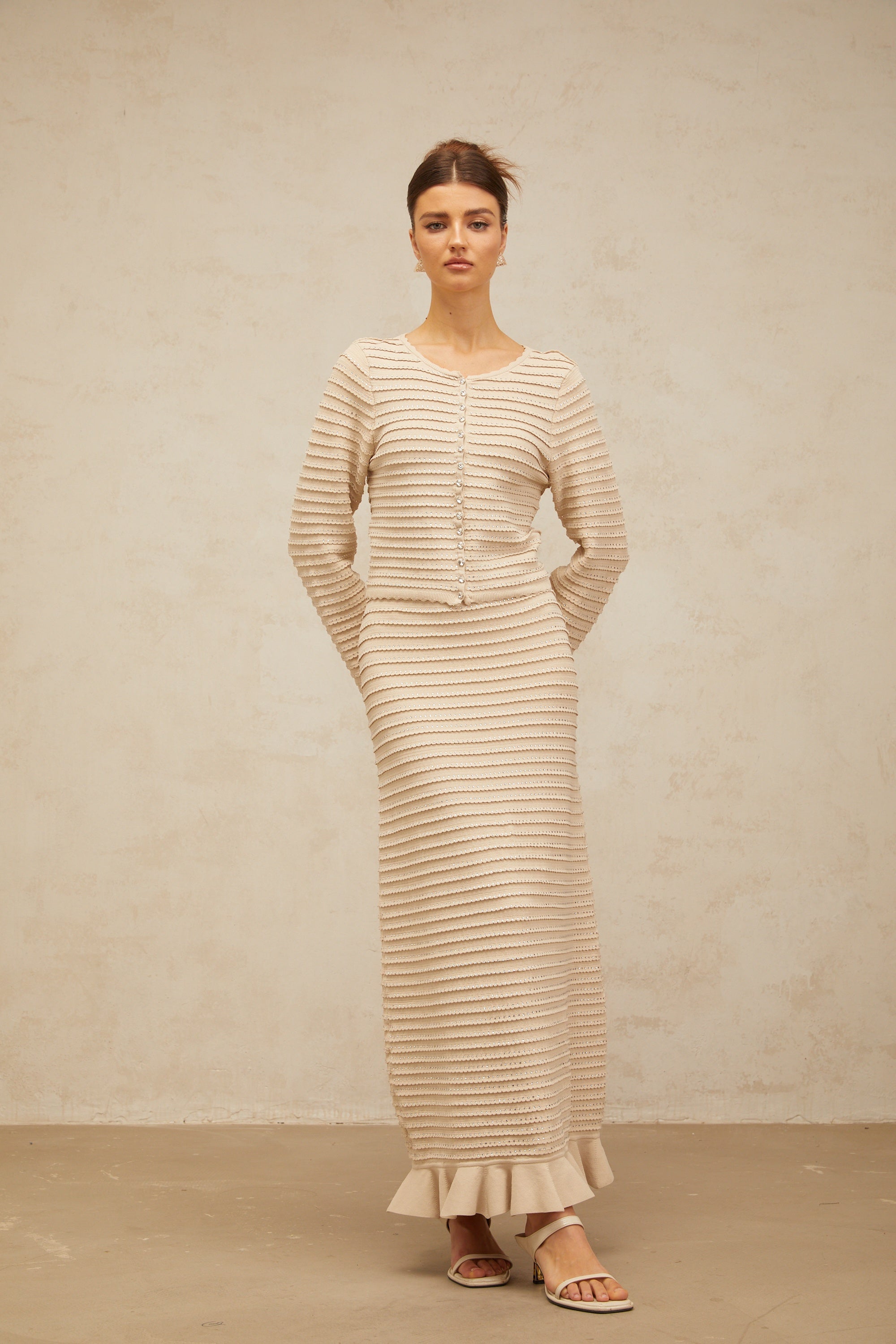 Aveline embellished ruffled knit cardigan & skirt matching set