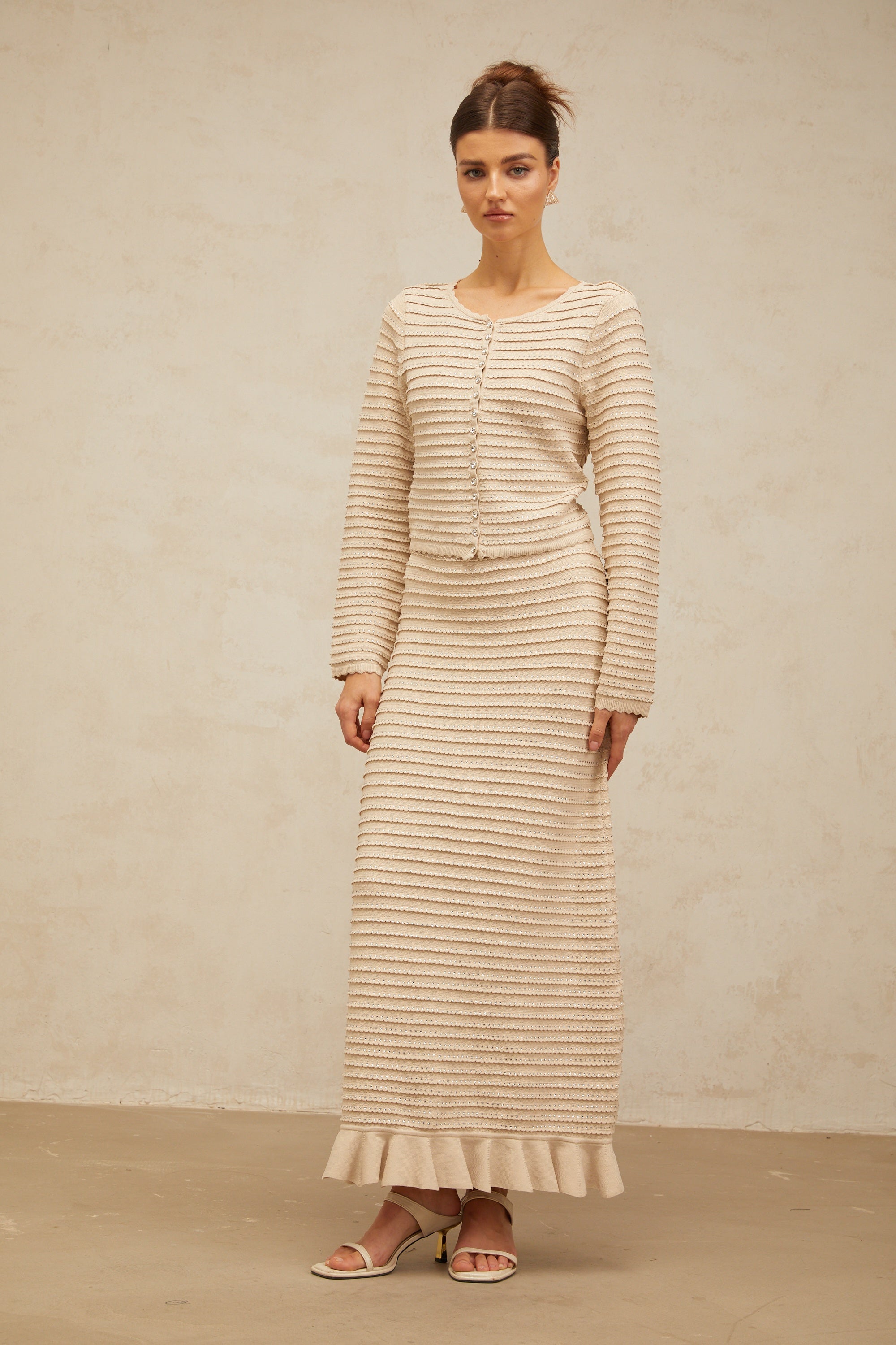 Aveline embellished ruffled knit cardigan & skirt matching set