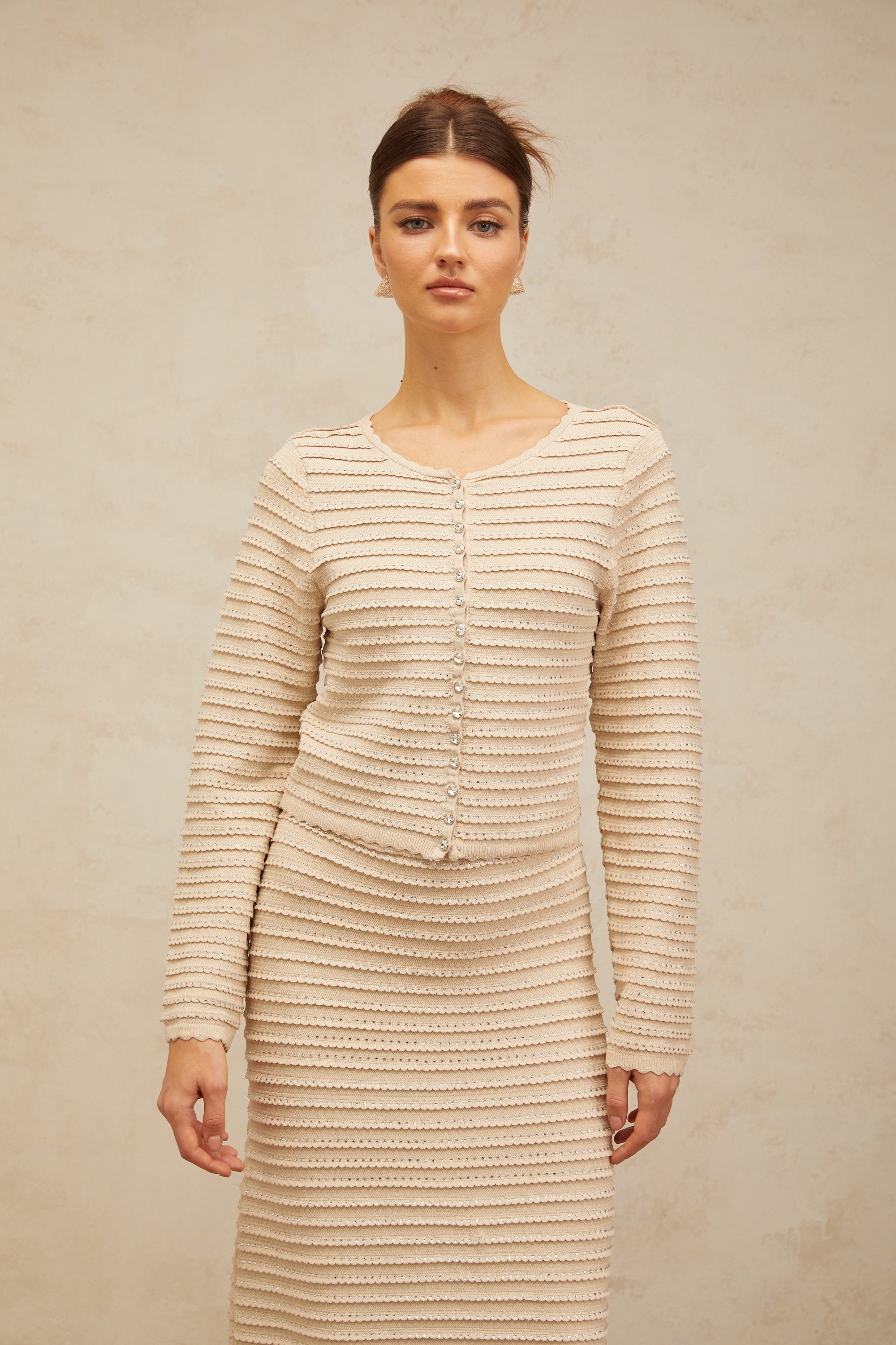 Aveline embellished ruffled knit cardigan & skirt matching set