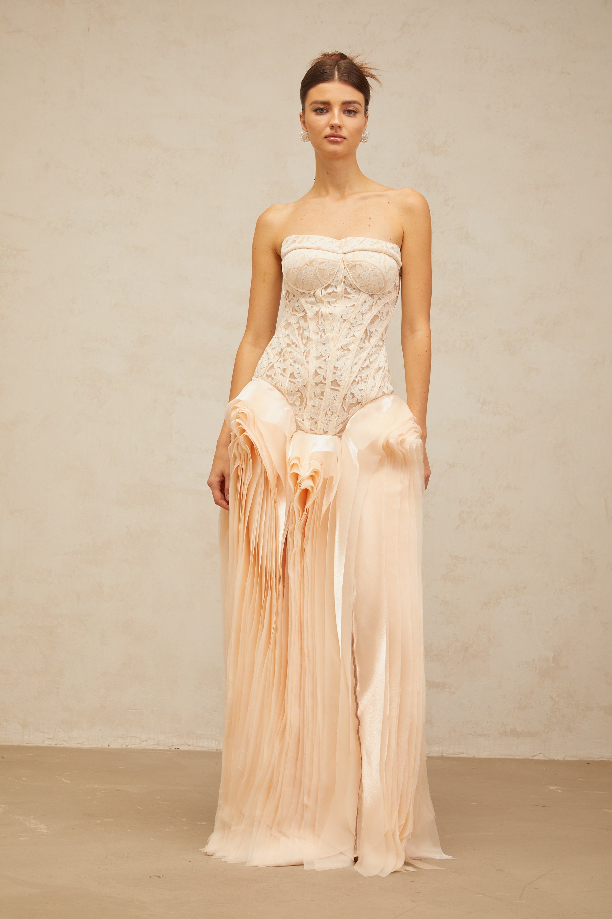 Irène neutrals lace layered corset maxi dress