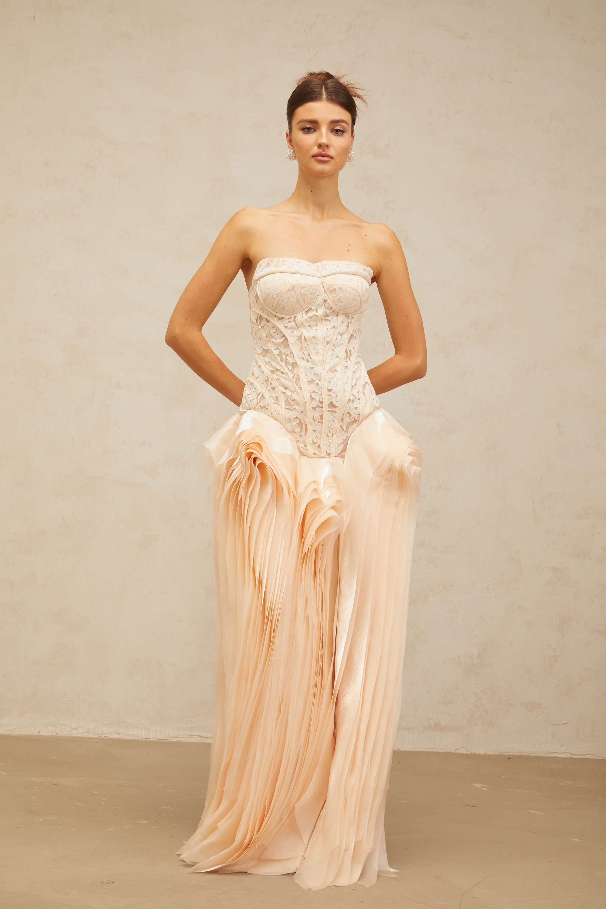 Irène neutrals lace layered corset maxi dress