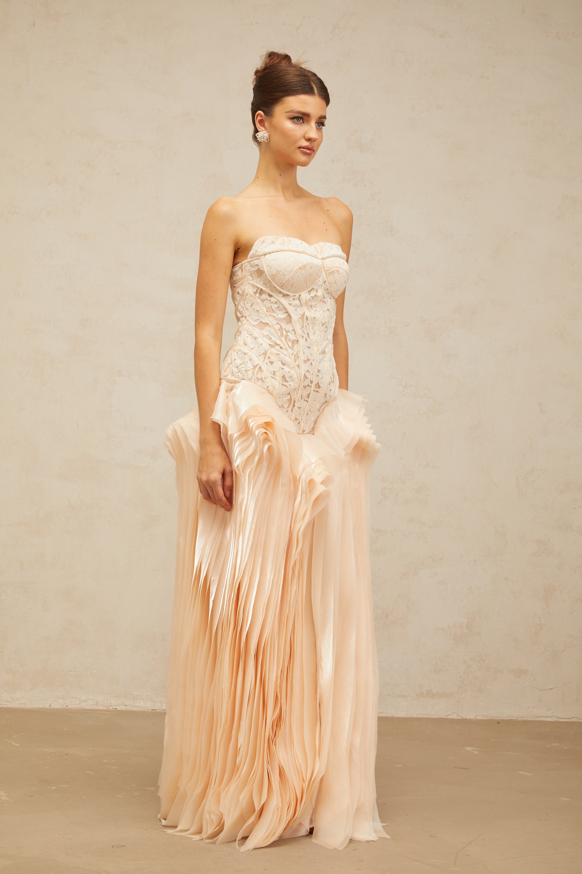 Irène neutrals lace layered corset maxi dress