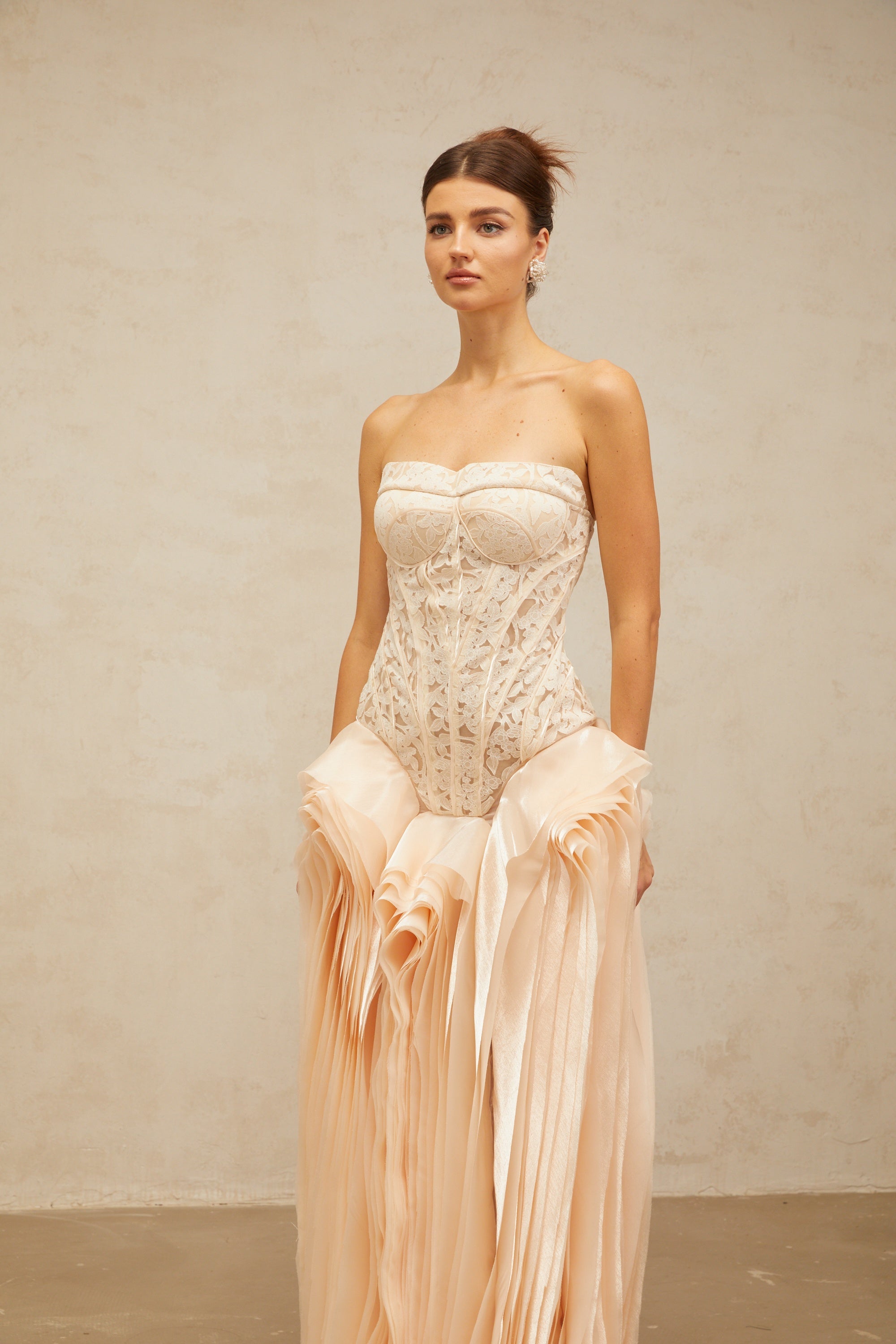 Irène neutrals lace layered corset maxi dress