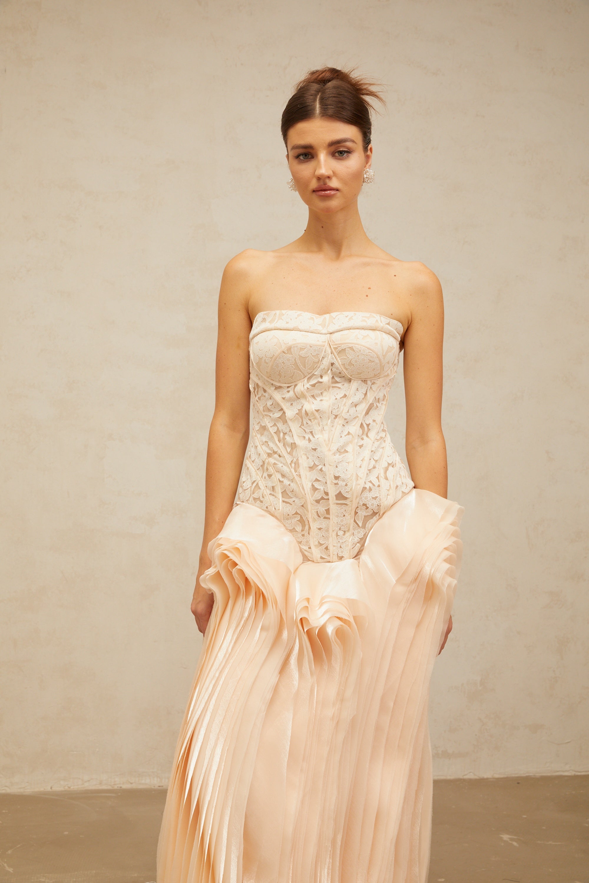 Irène neutrals lace layered corset maxi dress