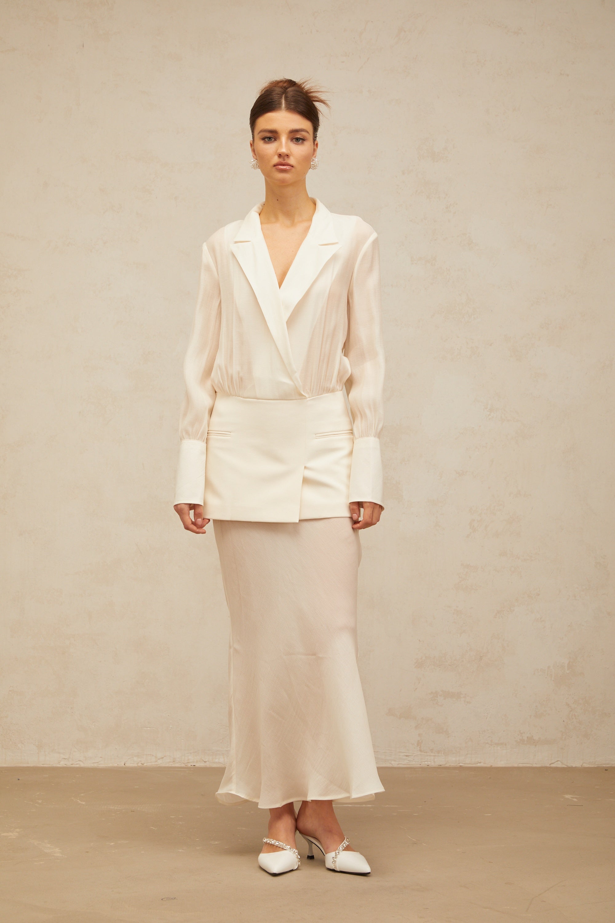 Gisèle white panelled semi-sheer maxi dress