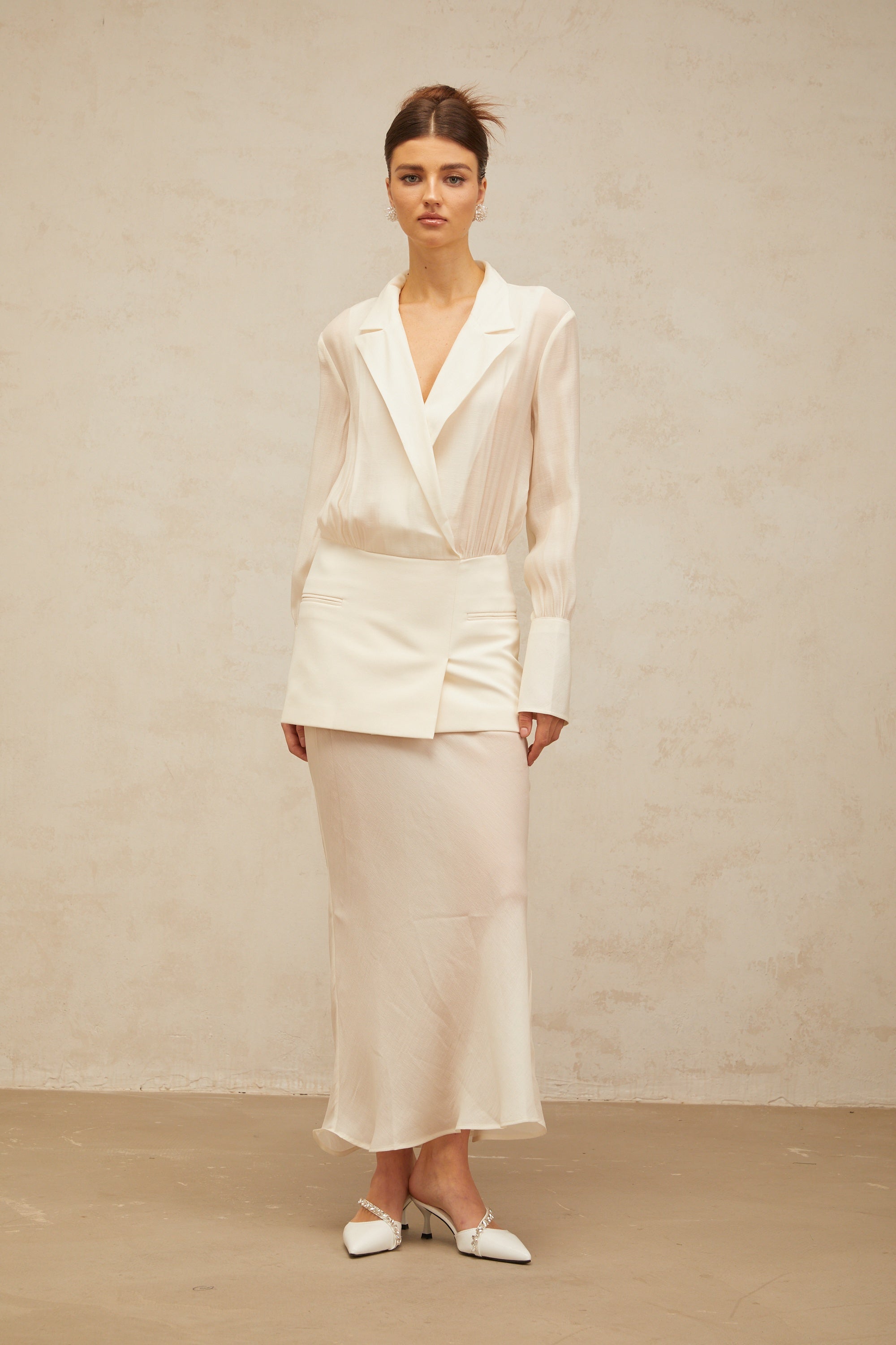 Gisèle white panelled semi-sheer maxi dress