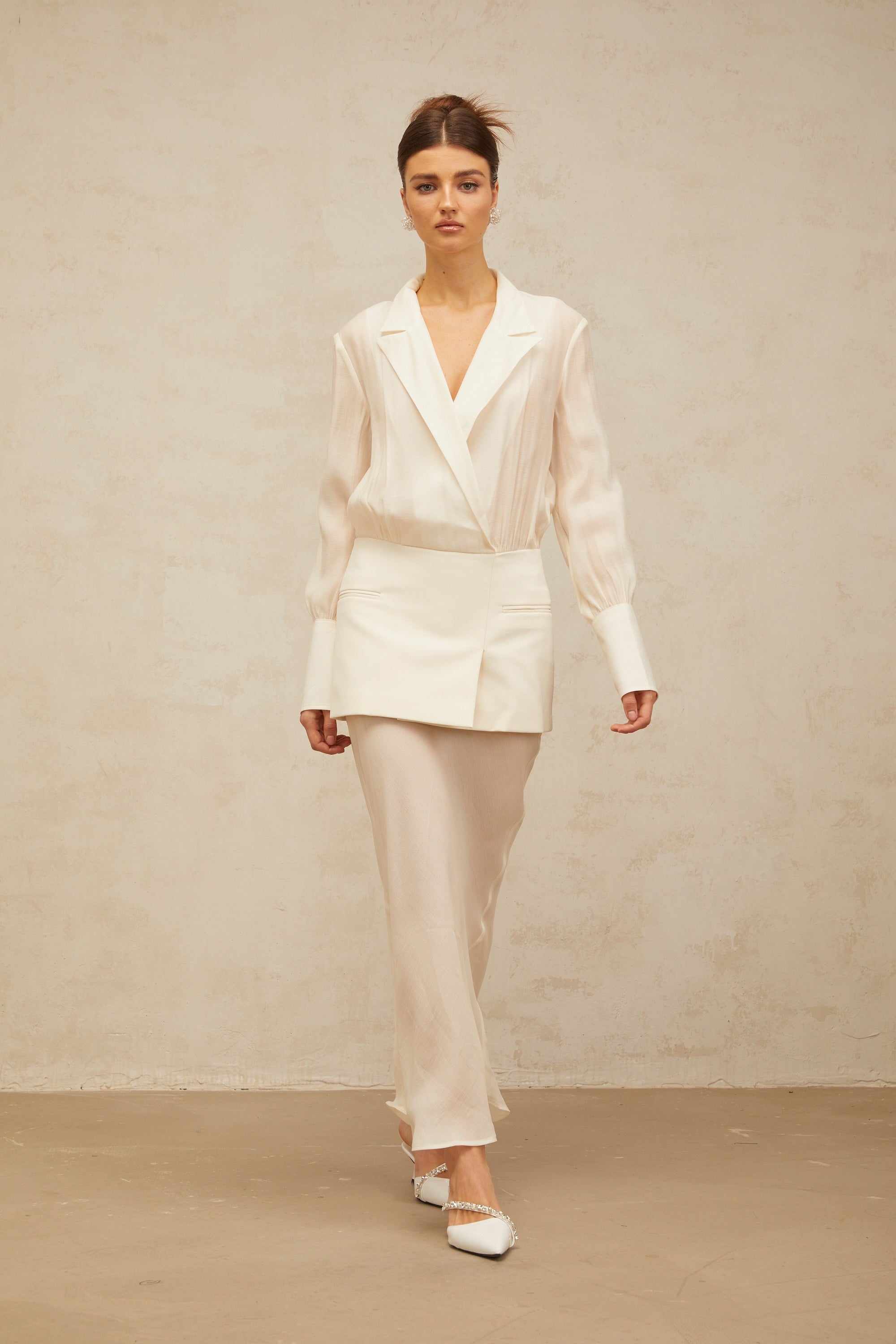 Gisèle white panelled semi-sheer maxi dress