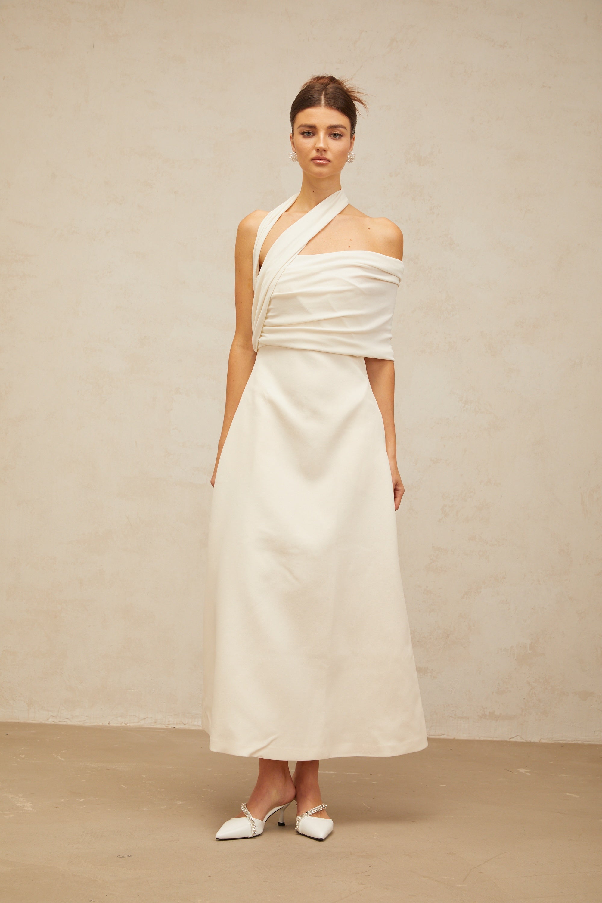 Solène cream-white asymmetrical midi dress