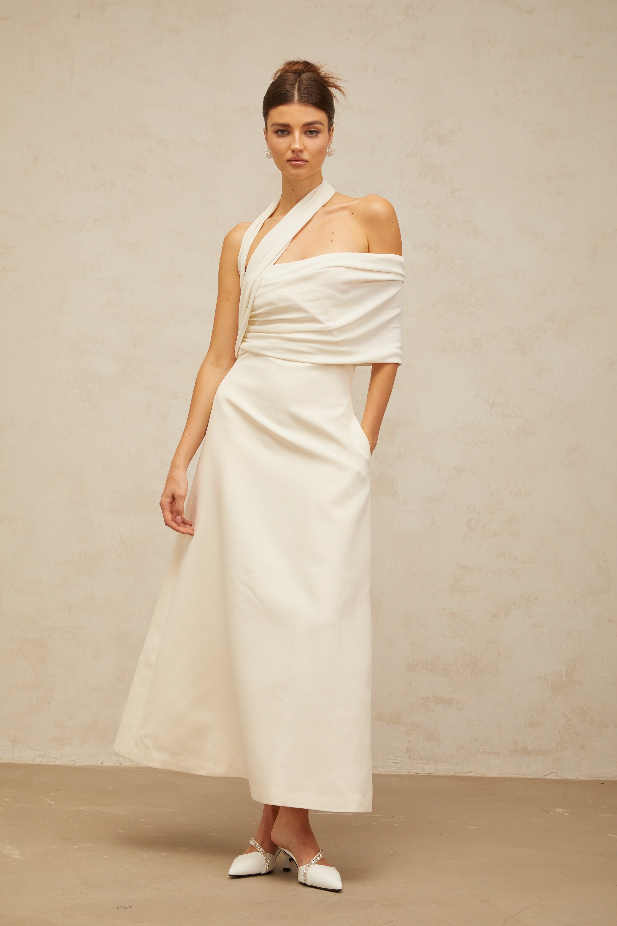 Solène cream-white asymmetrical midi dress (Final Sale)