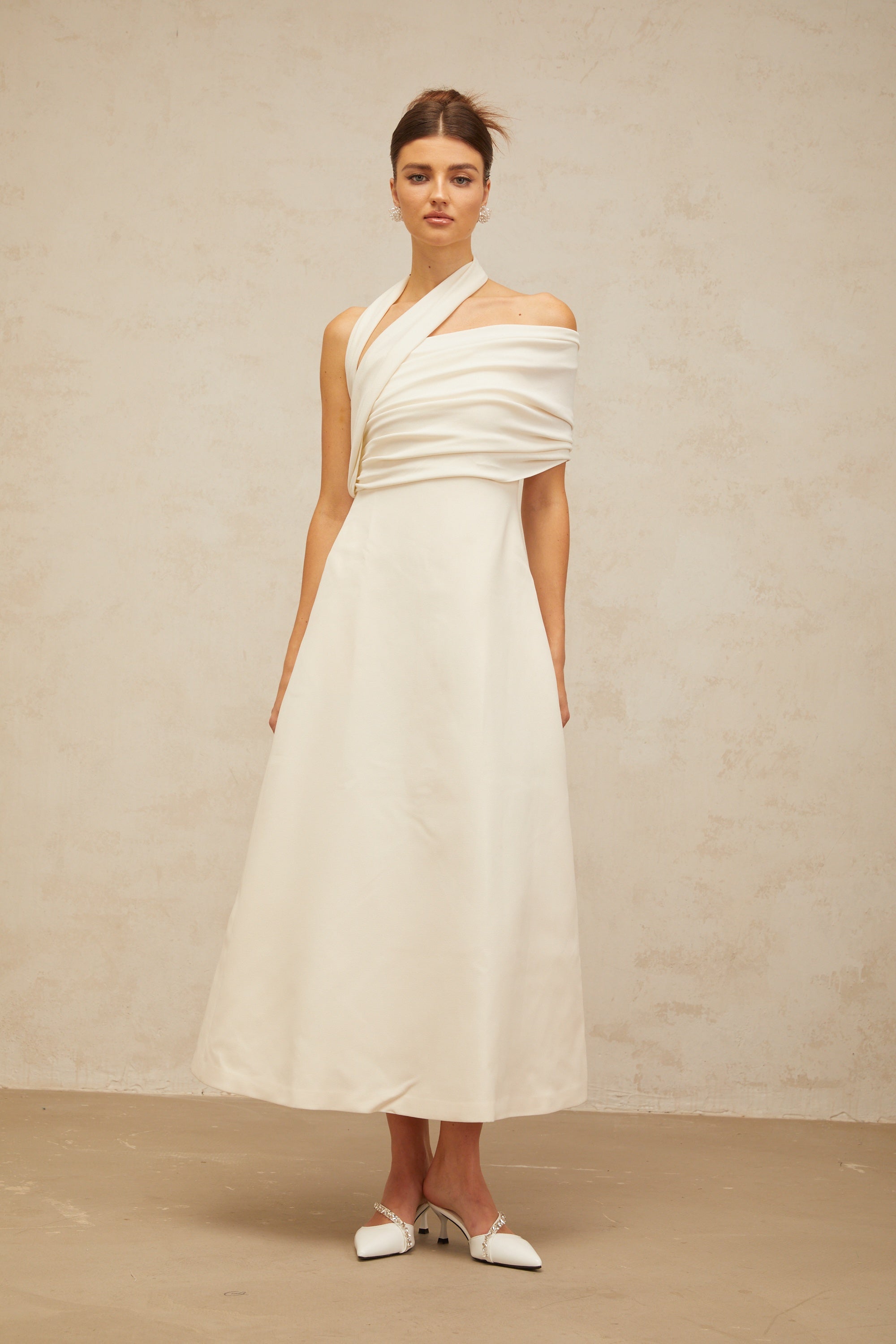 Solène cream-white asymmetrical midi dress (Final Sale-US Only)
