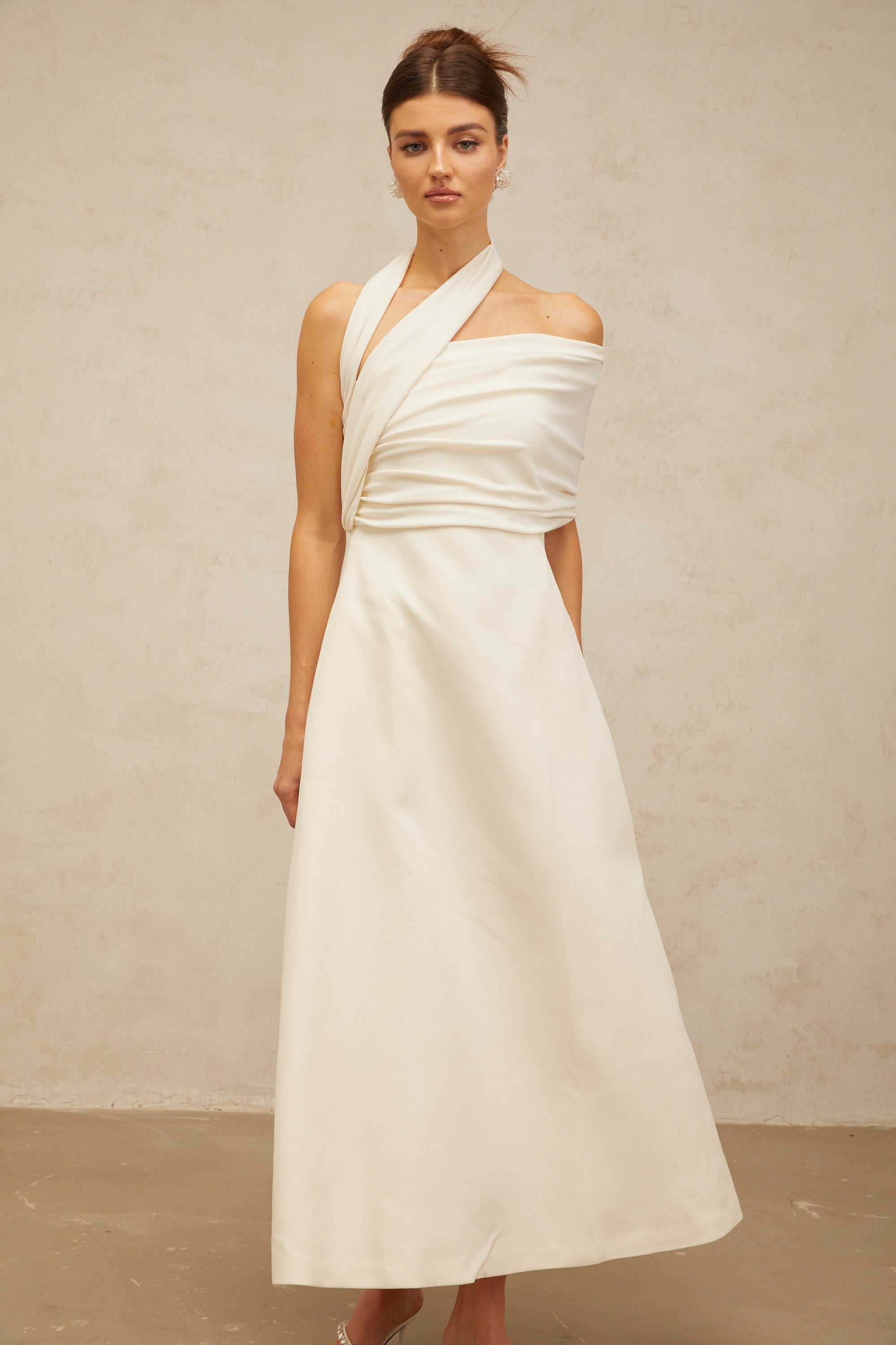 Solène cream-white asymmetrical midi dress (Final Sale-US Only)