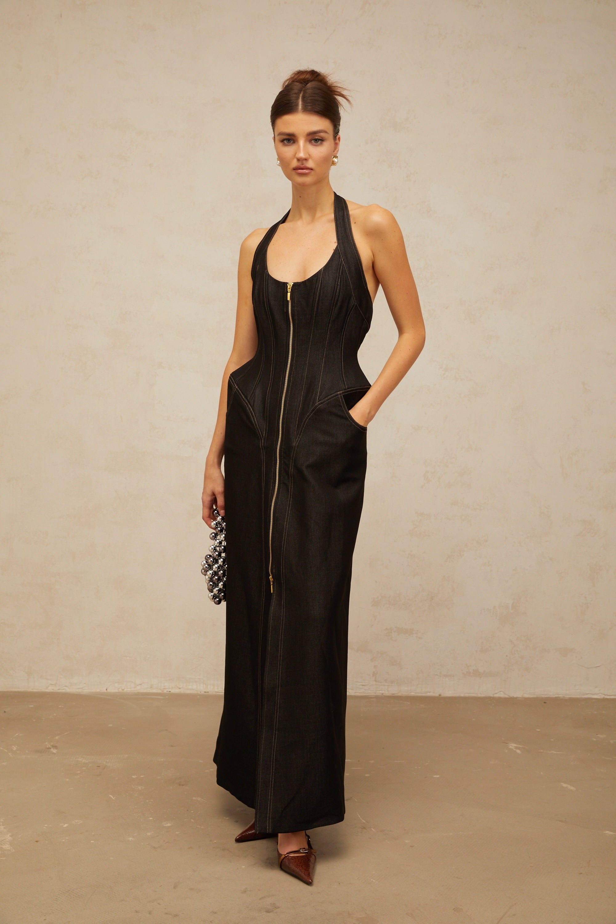 Adrienne black denim front-slit contrast-stitching maxi dress