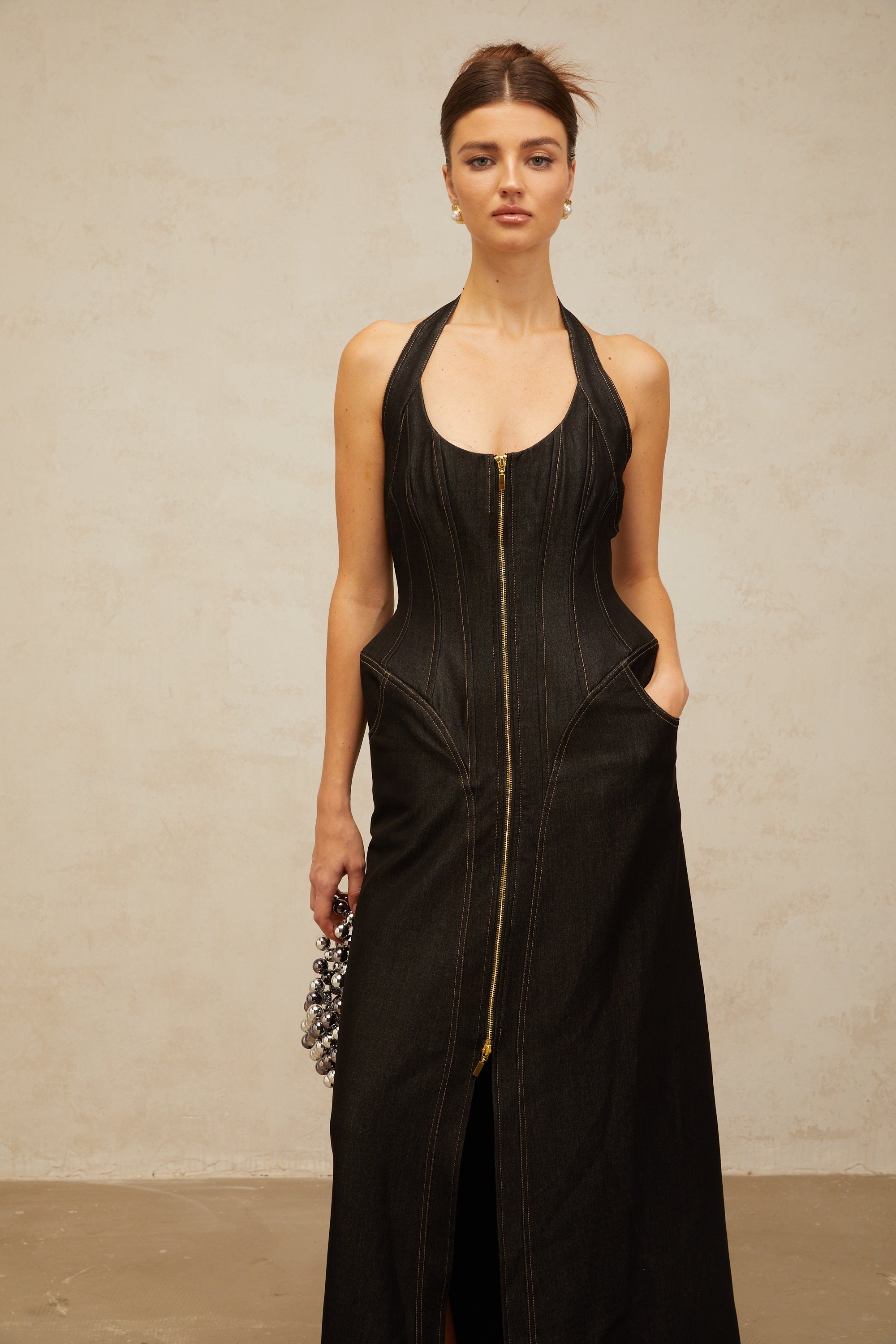 Adrienne black denim front-slit contrast-stitching maxi dress