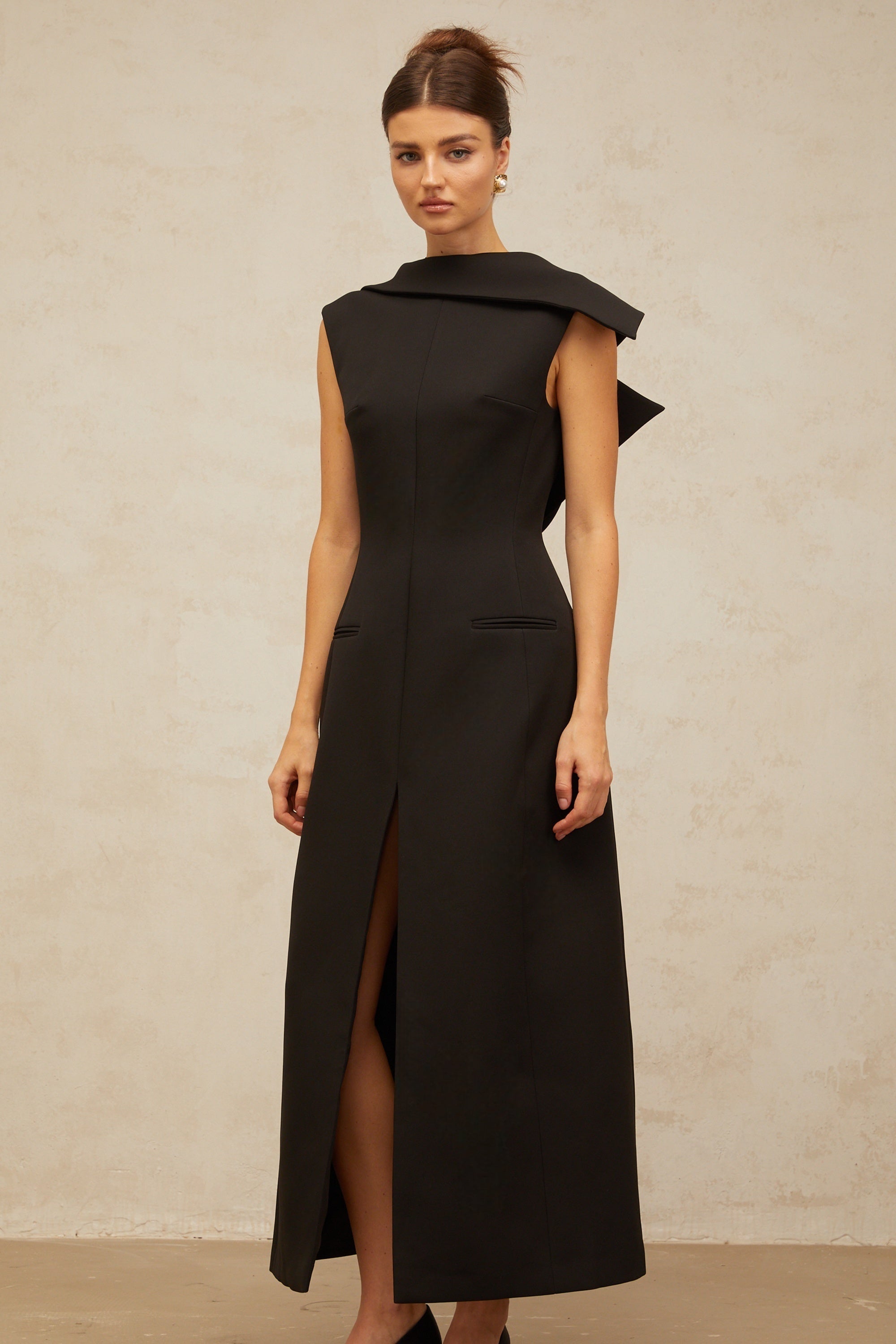 Léonore black deconstructed open-back midi dress