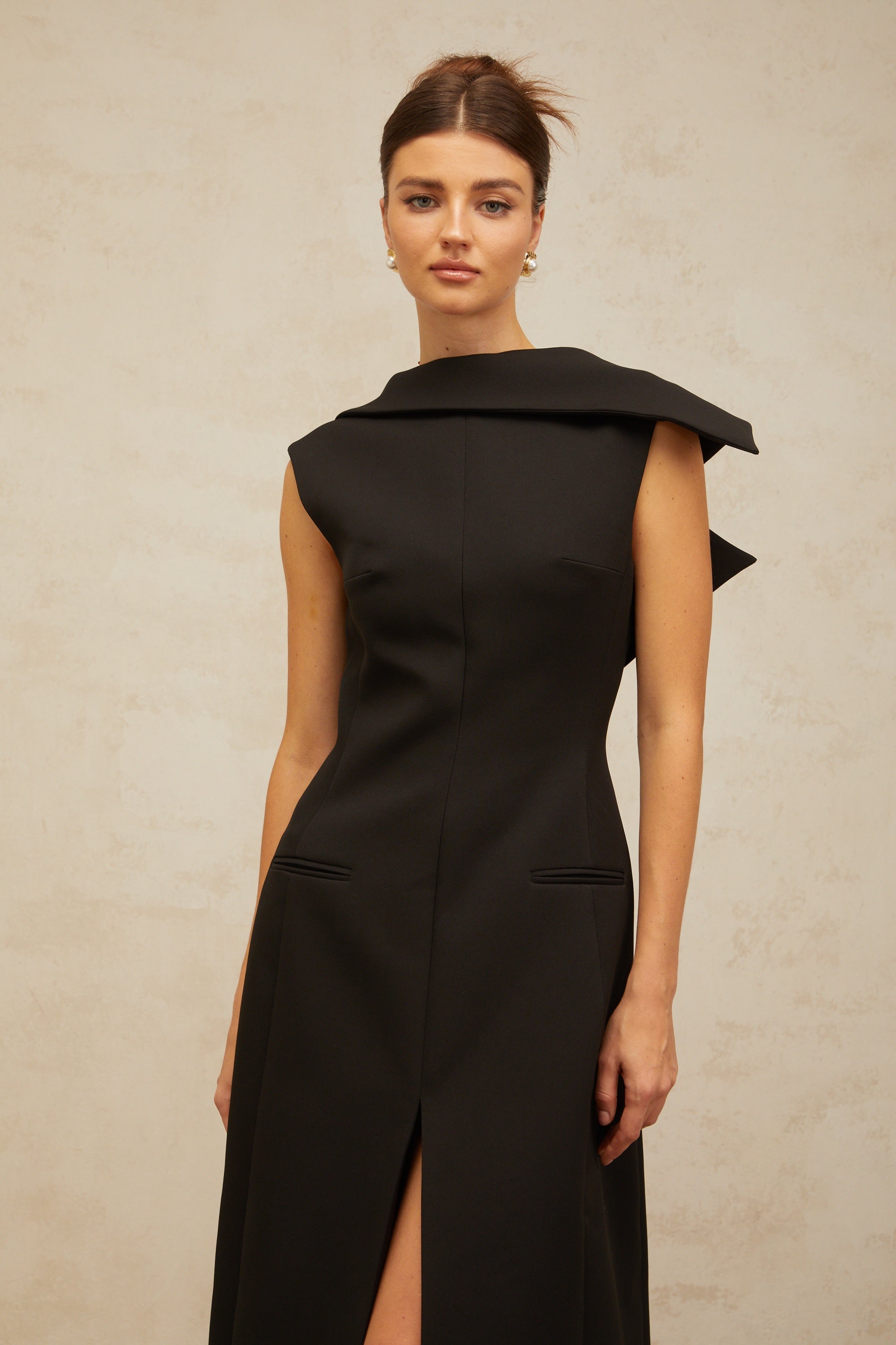 Léonore black deconstructed open-back midi dress