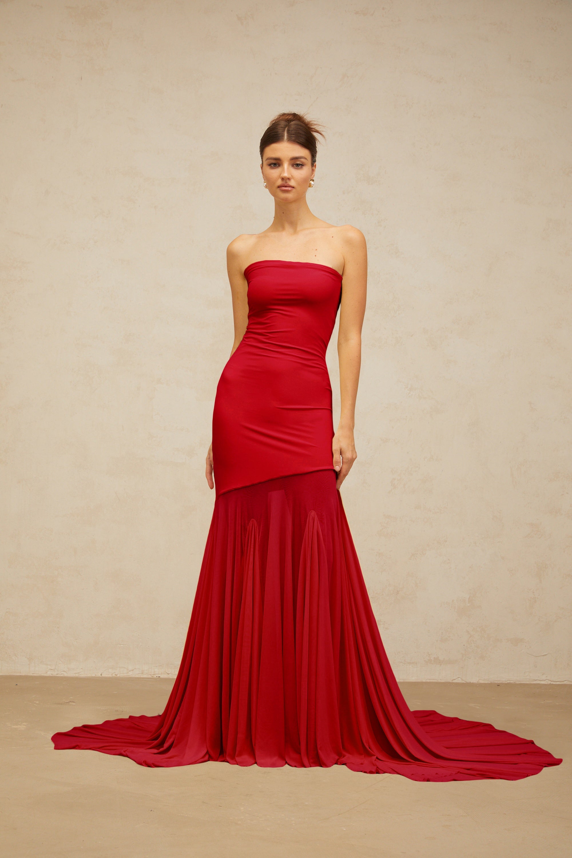 Josiane red off-shoulder sheer tulle maxi dress (Final Sale)