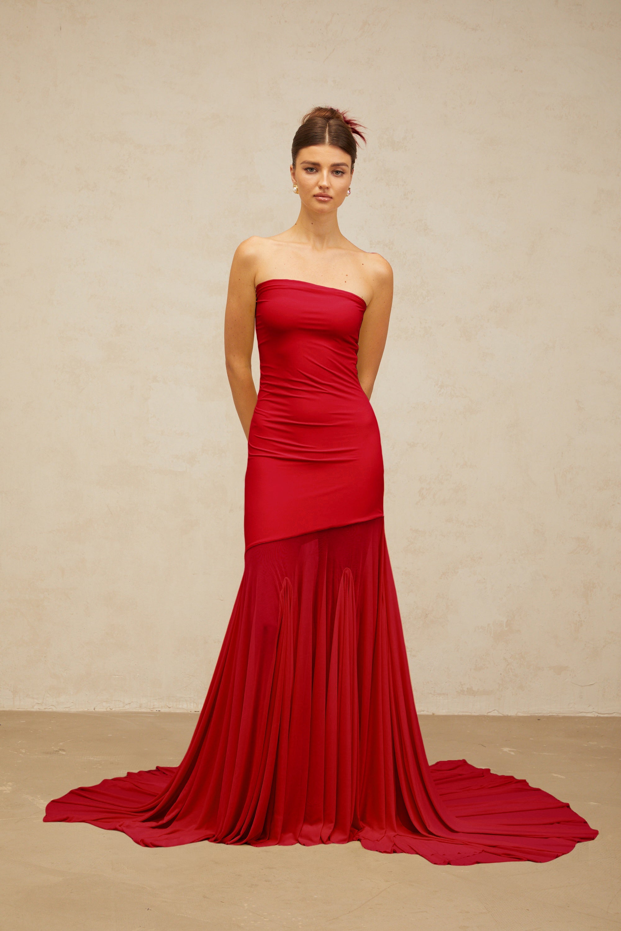 Josiane red off-shoulder sheer tulle maxi dress (Final Sale)