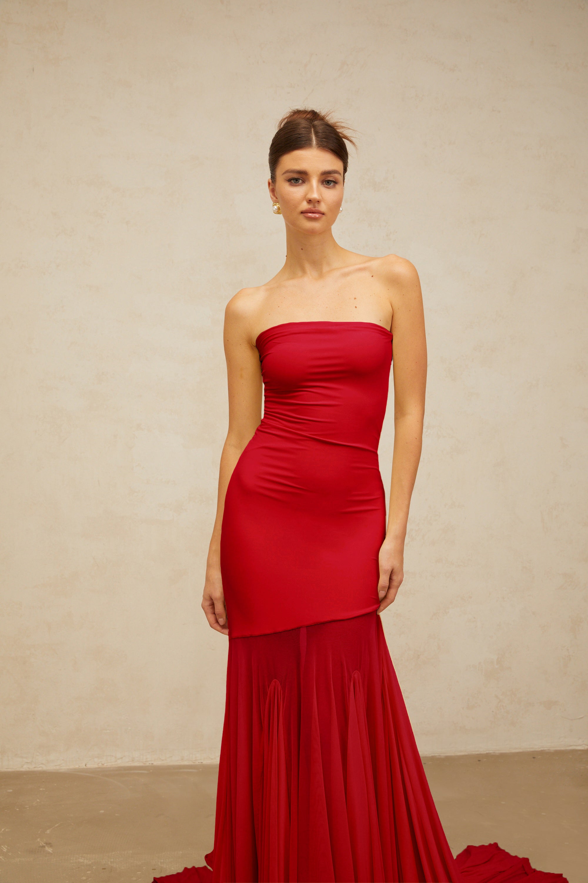 Josiane red off-shoulder sheer tulle maxi dress (Final Sale)