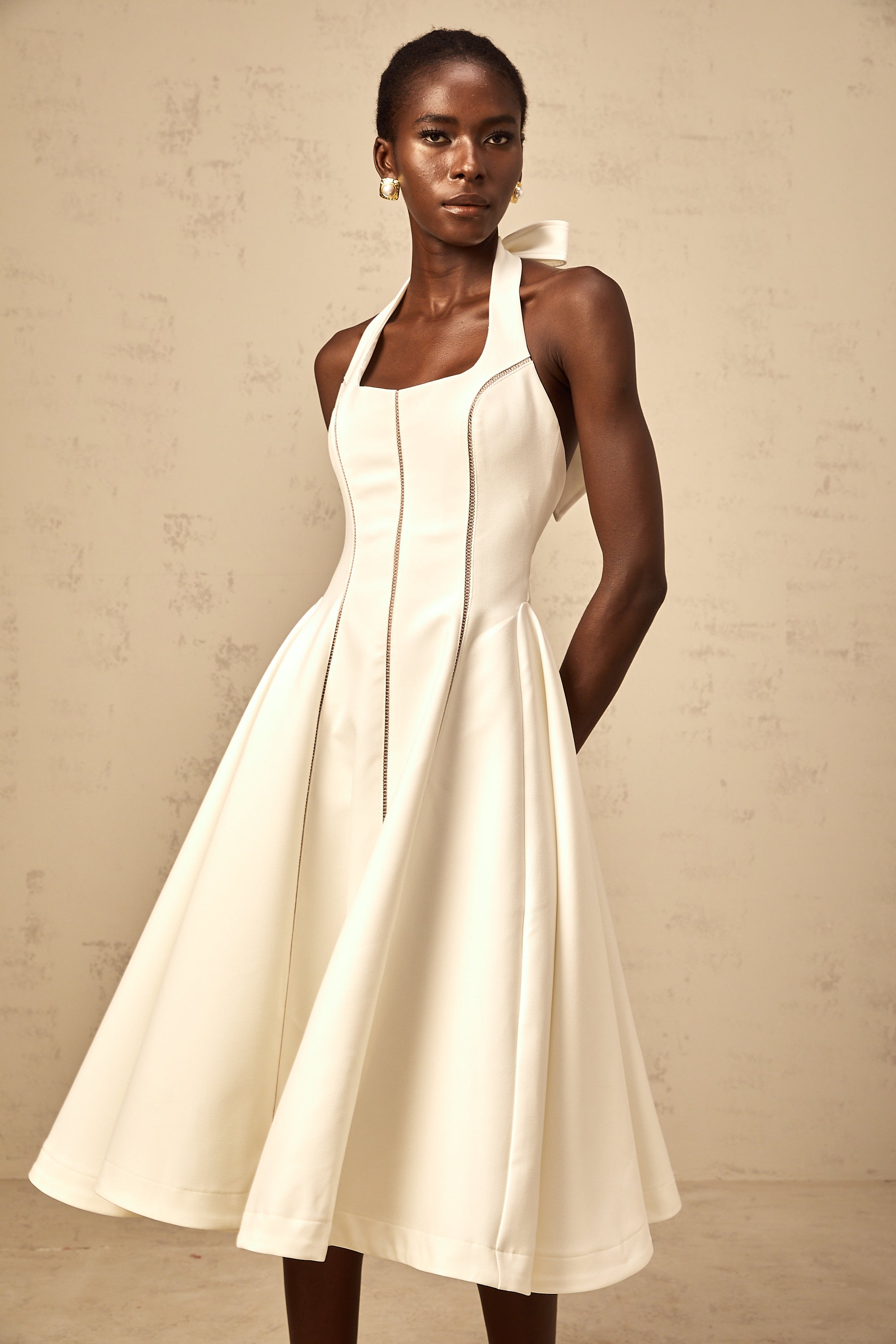 Quirine white halterneck bow-detail midi dress