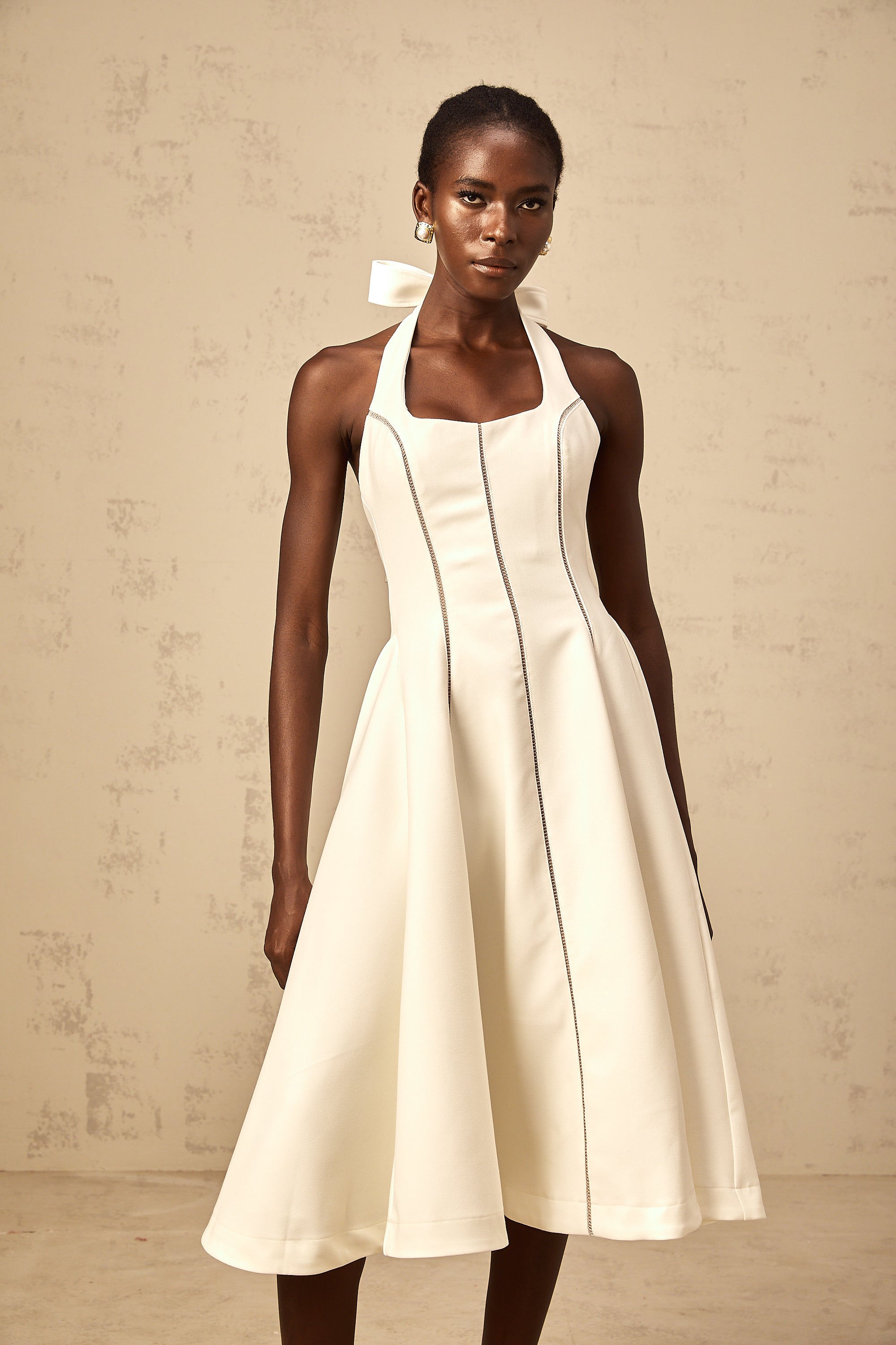 Quirine white halterneck bow-detail midi dress