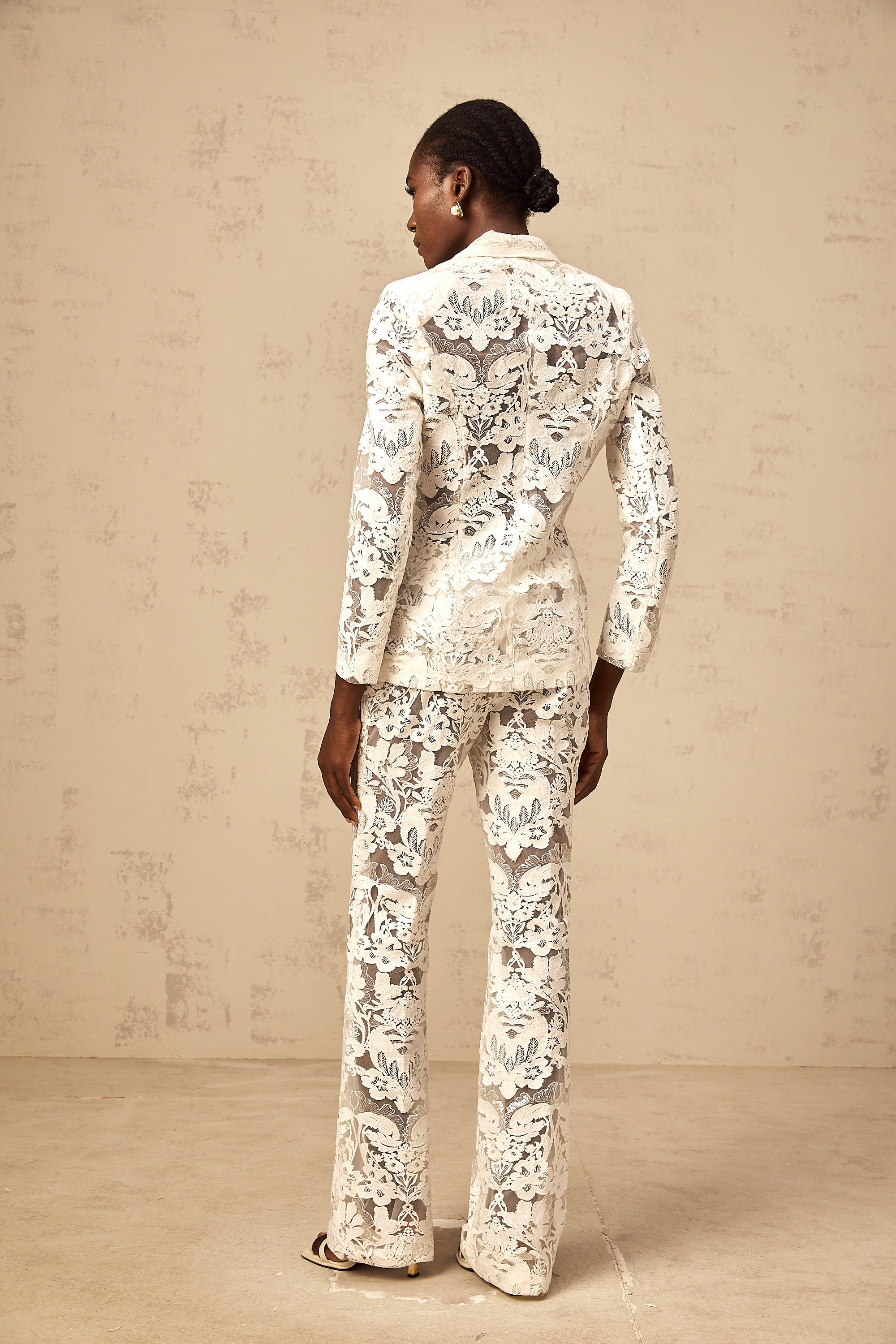 Yaelle white sequined flower-embroidered tulle blazer & trousers matching set (Final Sale-US Only)