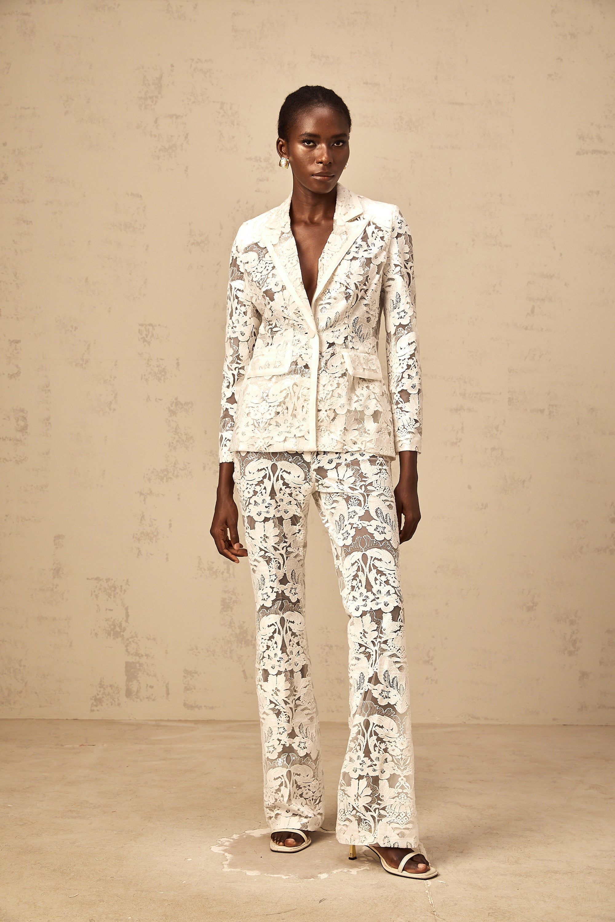 Yaelle white sequined flower-embroidered tulle blazer & trousers matching set