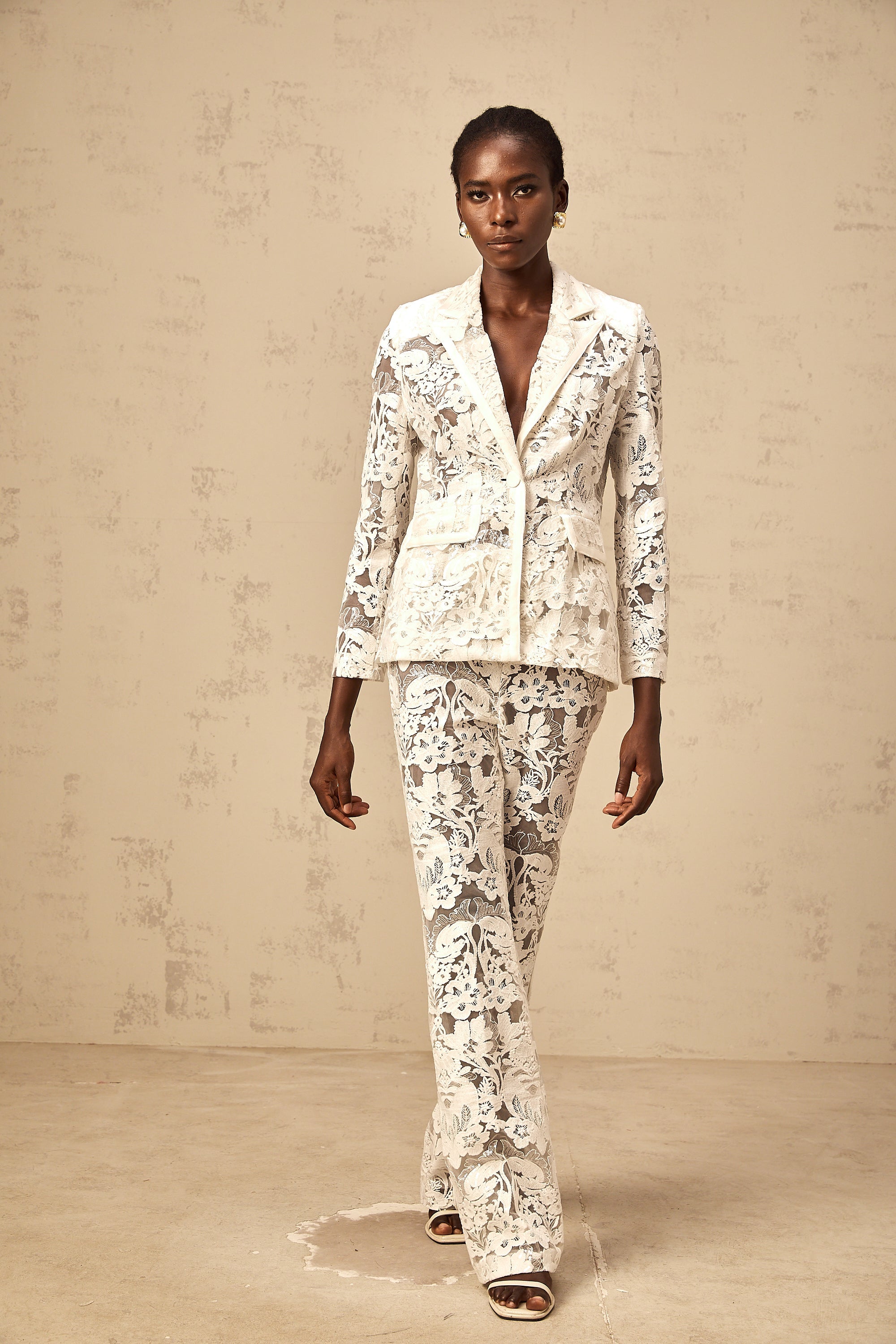 Yaelle white sequined flower-embroidered tulle blazer & trousers matching set