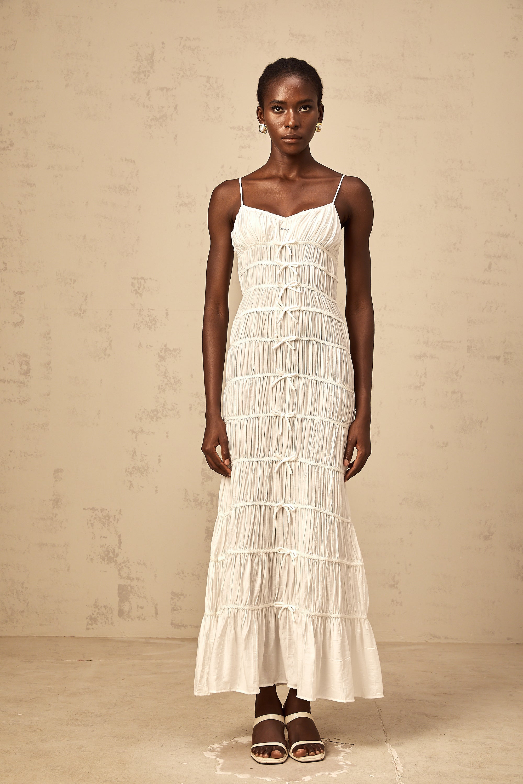 Aglaé white bowknot smocked maxi dress