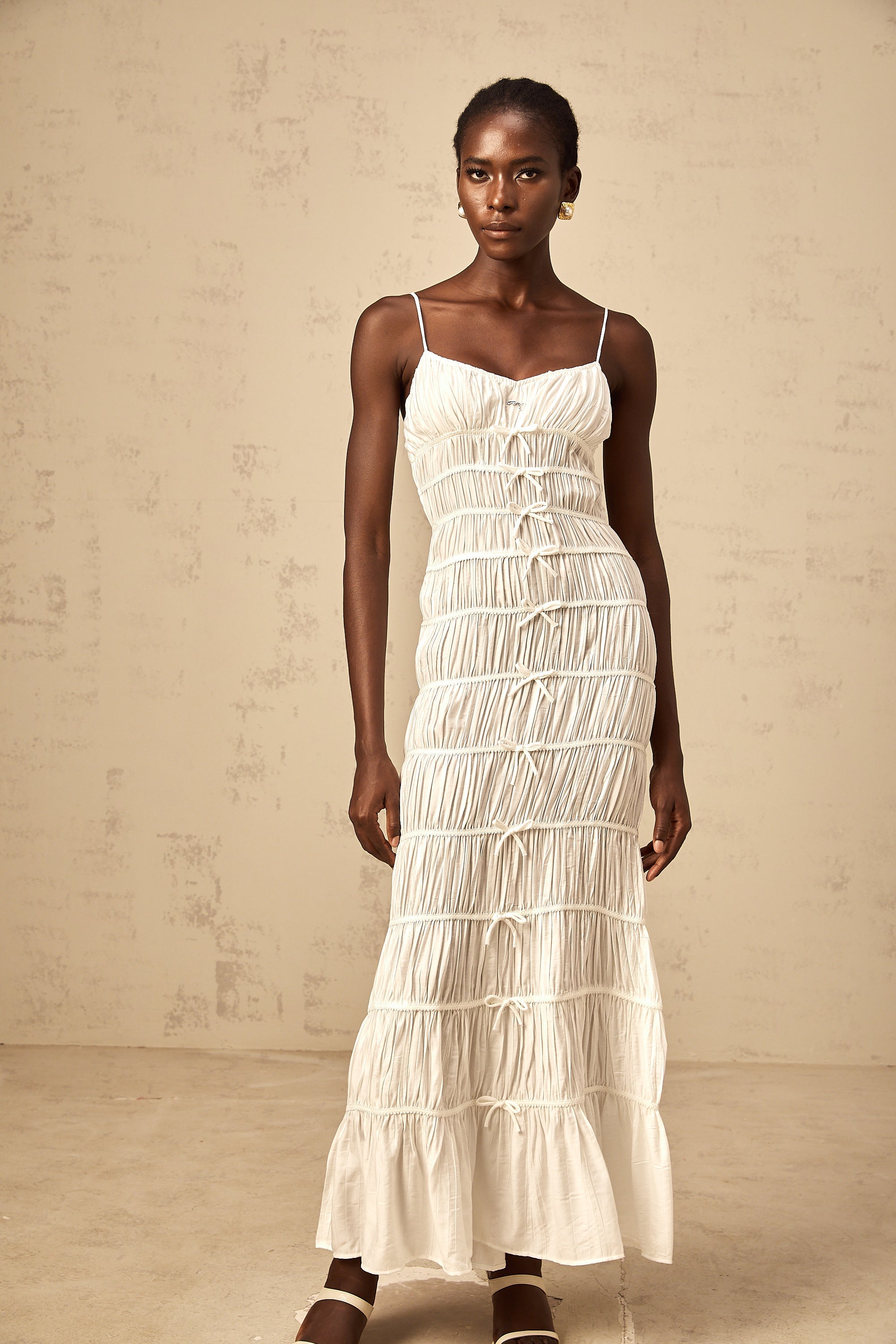 Aglaé white bowknot smocked maxi dress