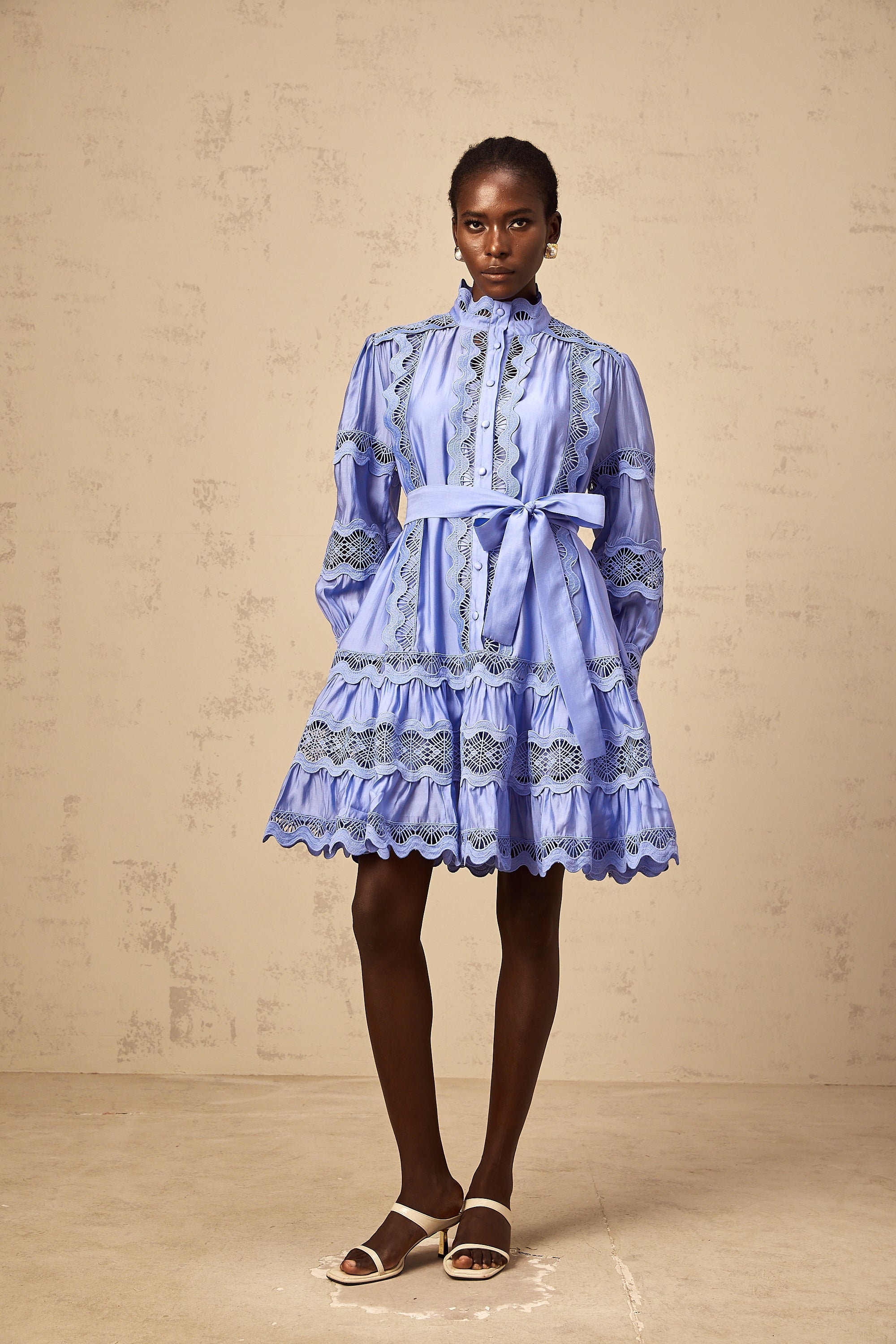 Poema blue cut-out motif-embroidered tiered mini dress