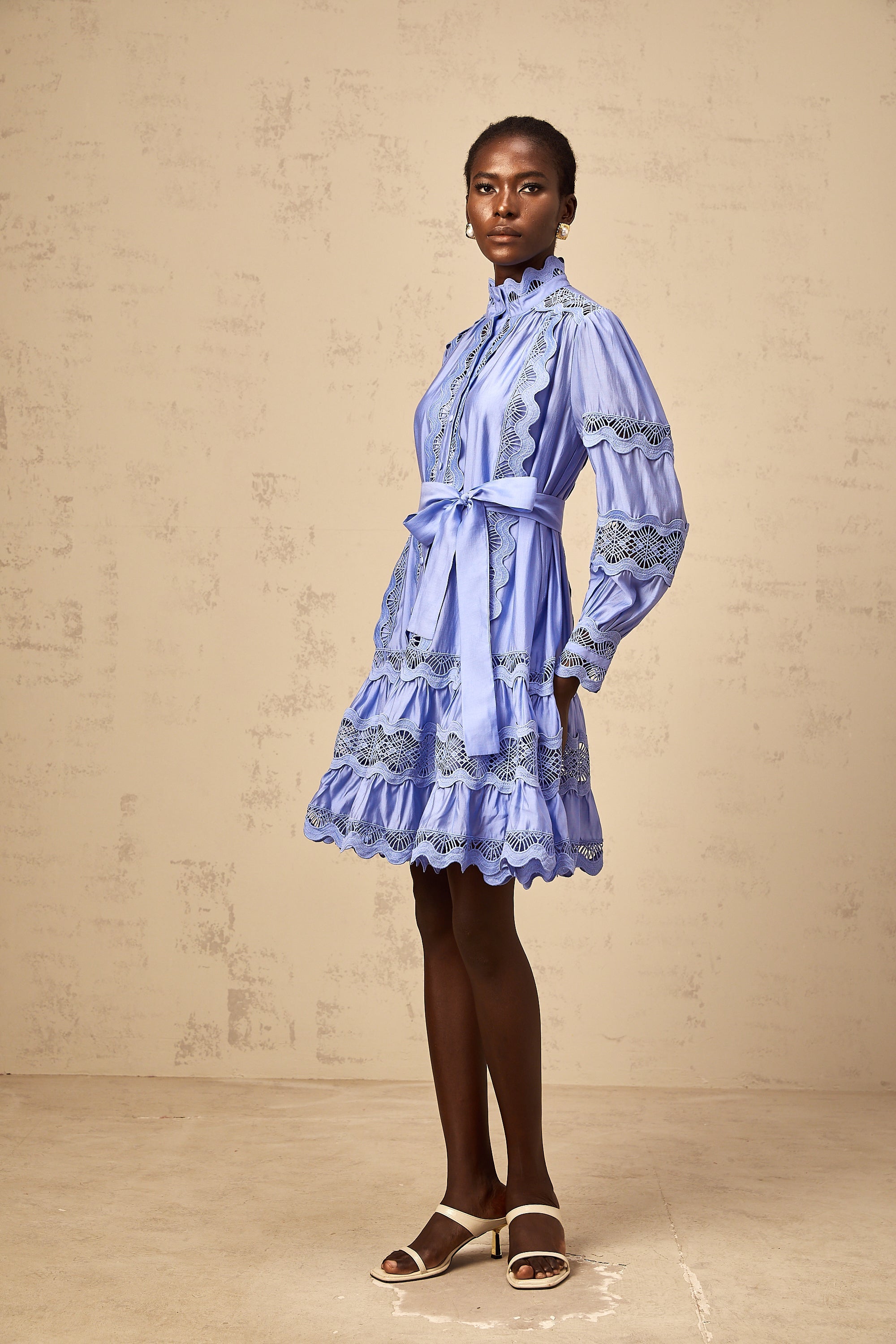 Poema blue cut-out motif-embroidered tiered mini dress