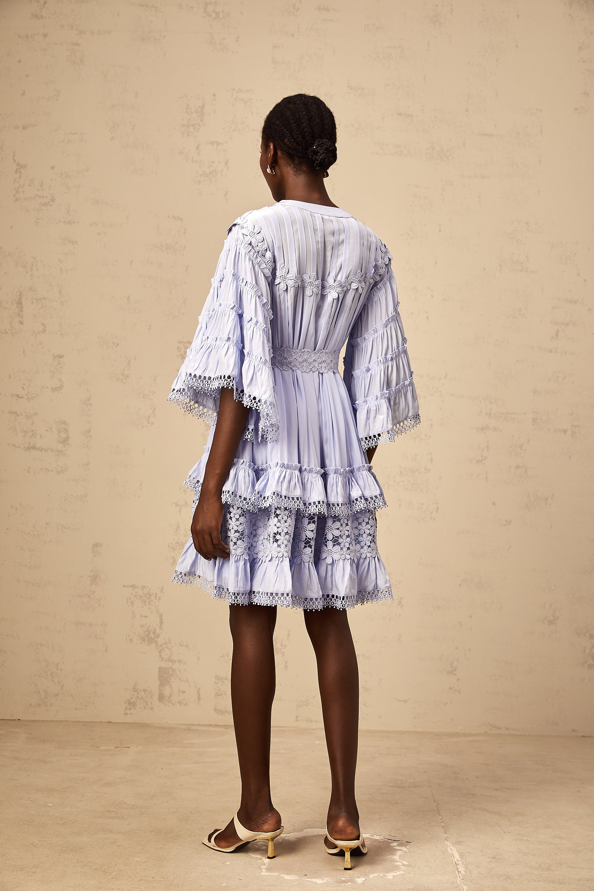 Gaëlle light-blue floral-embroidered tiered mini dress