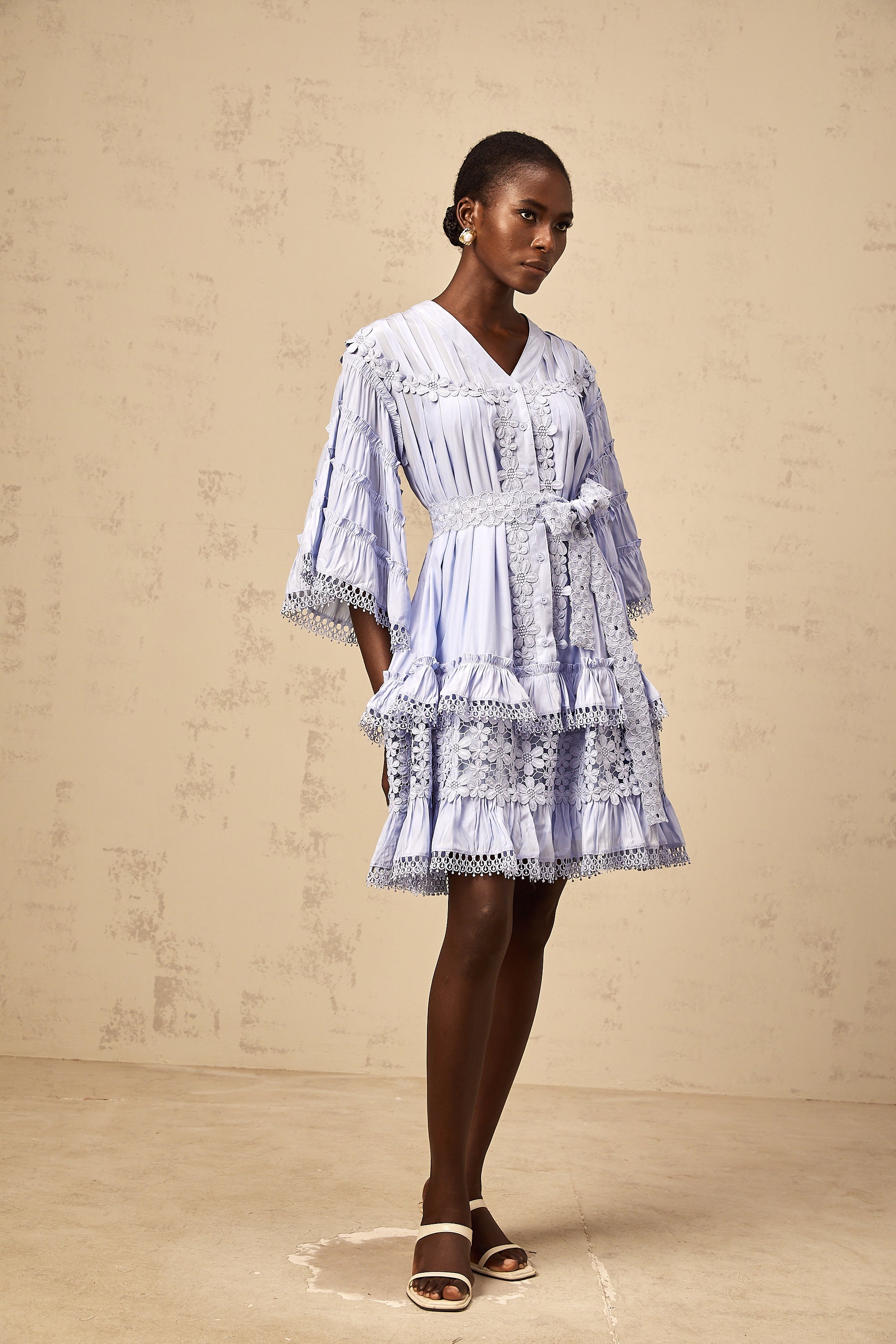 Gaëlle light-blue floral-embroidered tiered mini dress