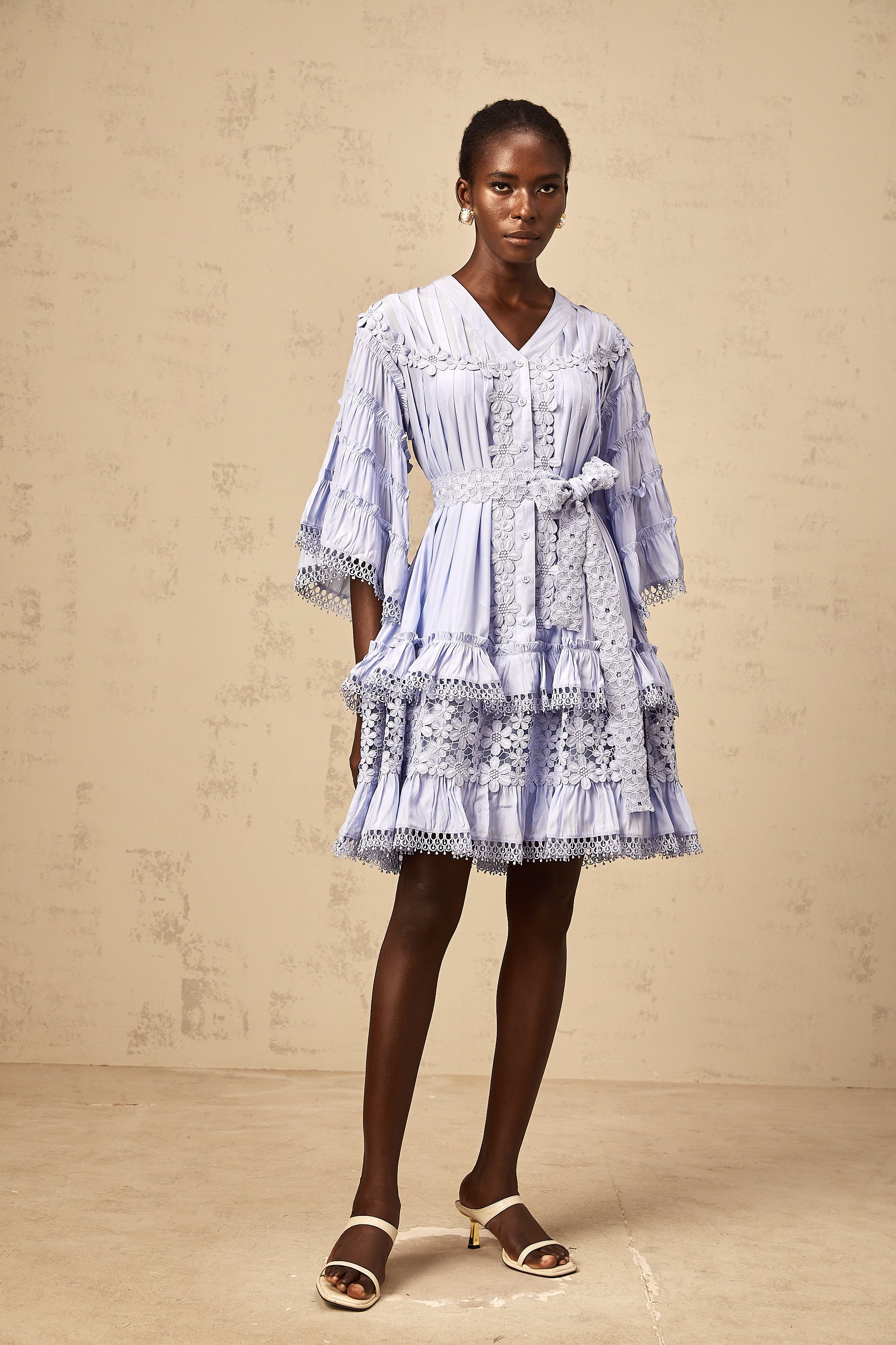 Gaëlle light-blue floral-embroidered tiered mini dress