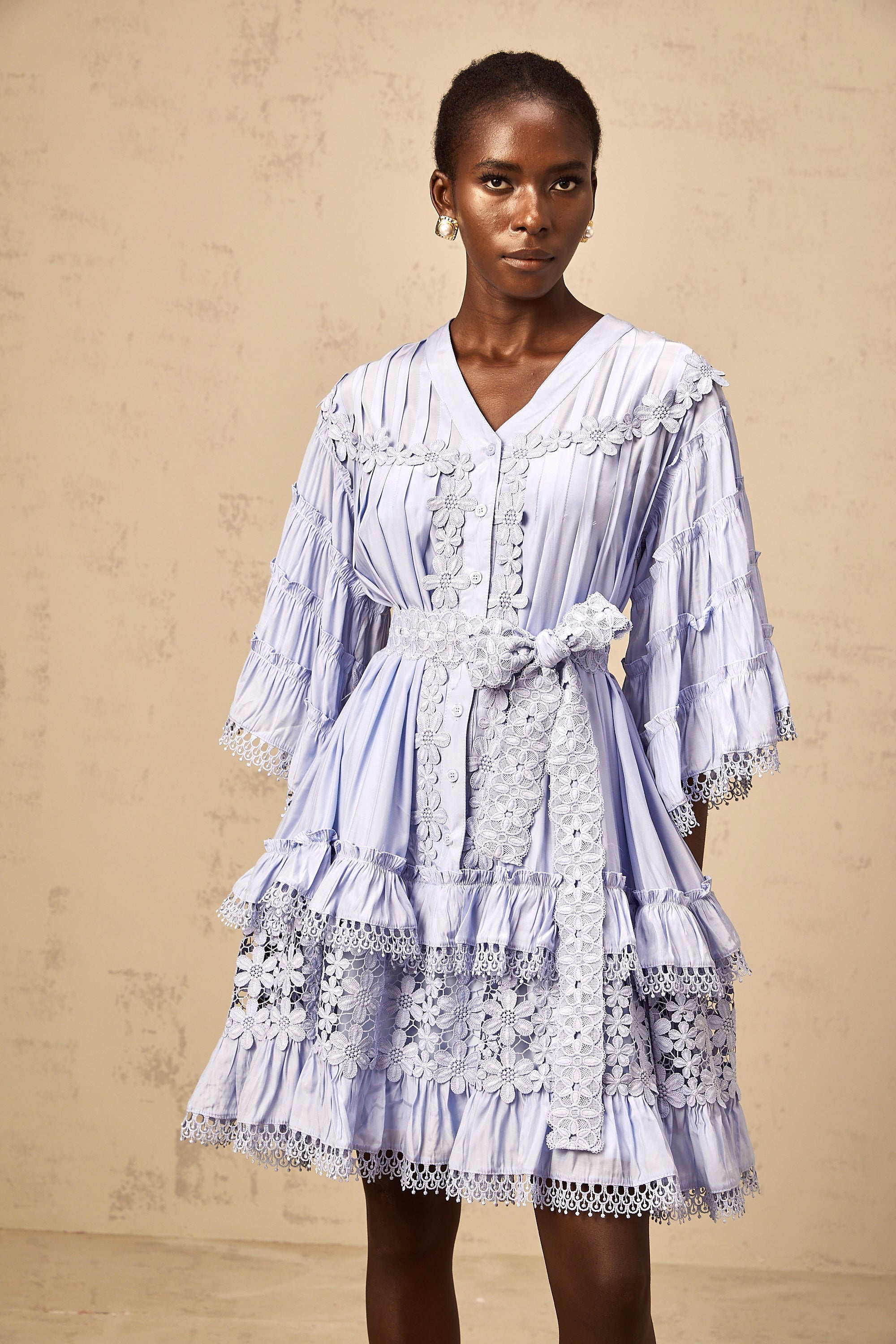 Gaëlle light-blue floral-embroidered tiered mini dress