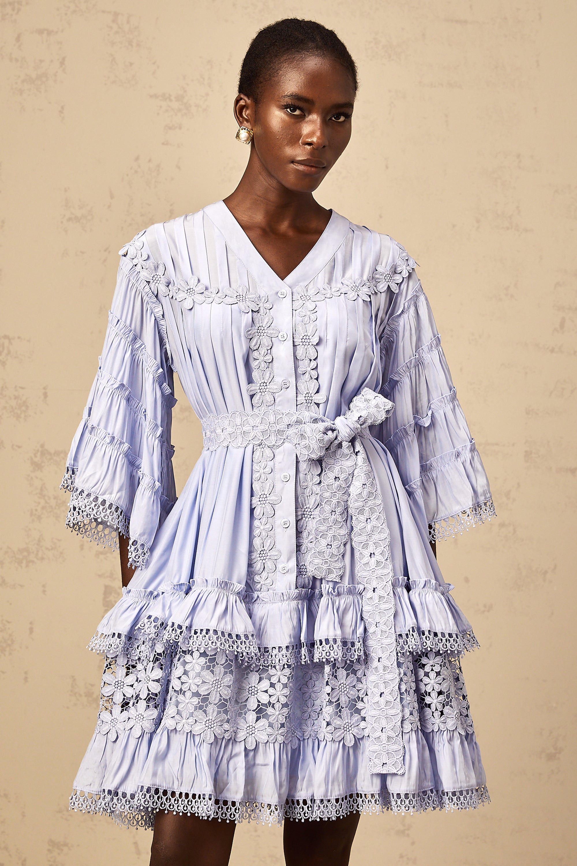 Gaëlle light-blue floral-embroidered tiered mini dress
