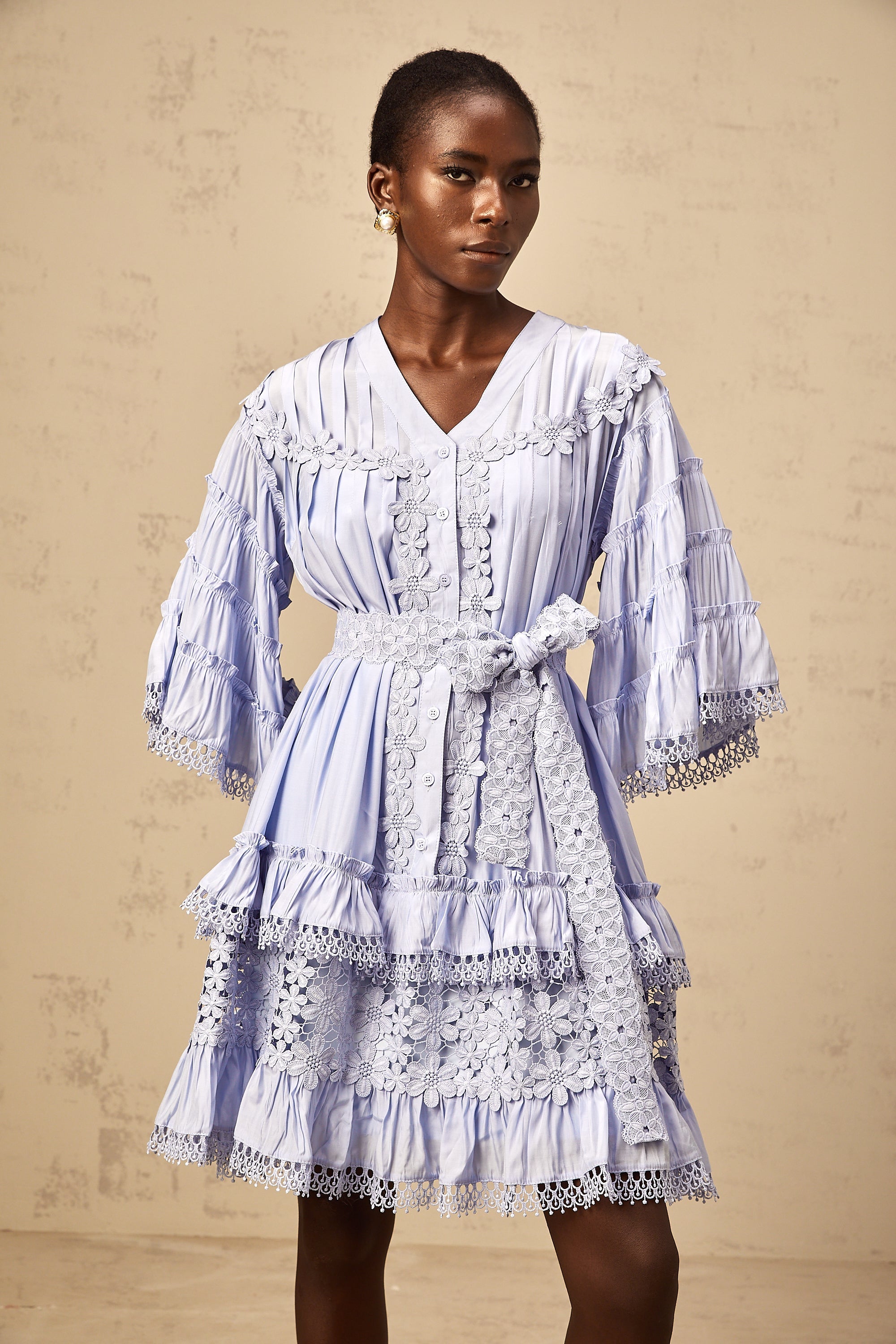 Gaëlle light-blue floral-embroidered tiered mini dress