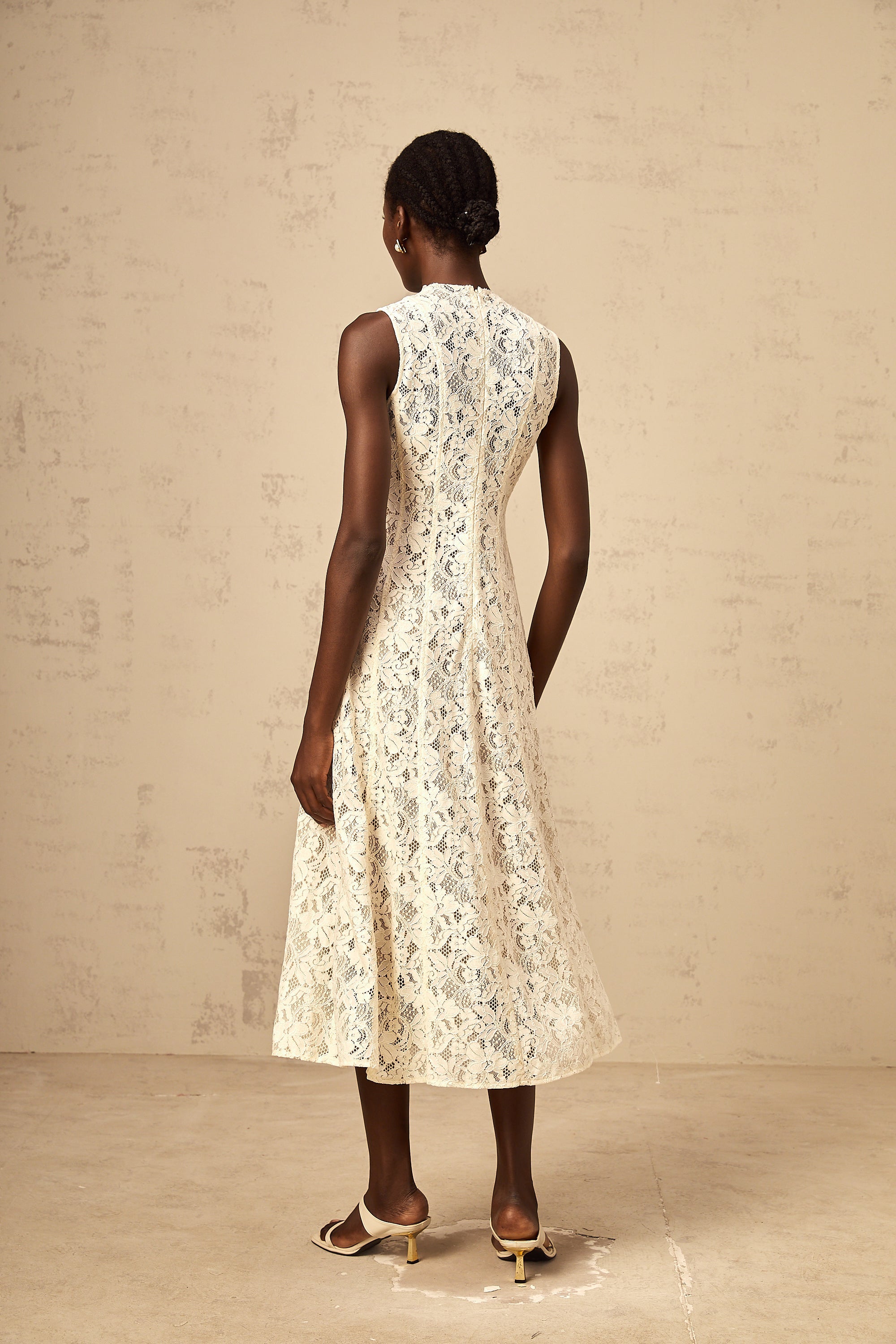 Edelie beige floral-lace flared midi dress