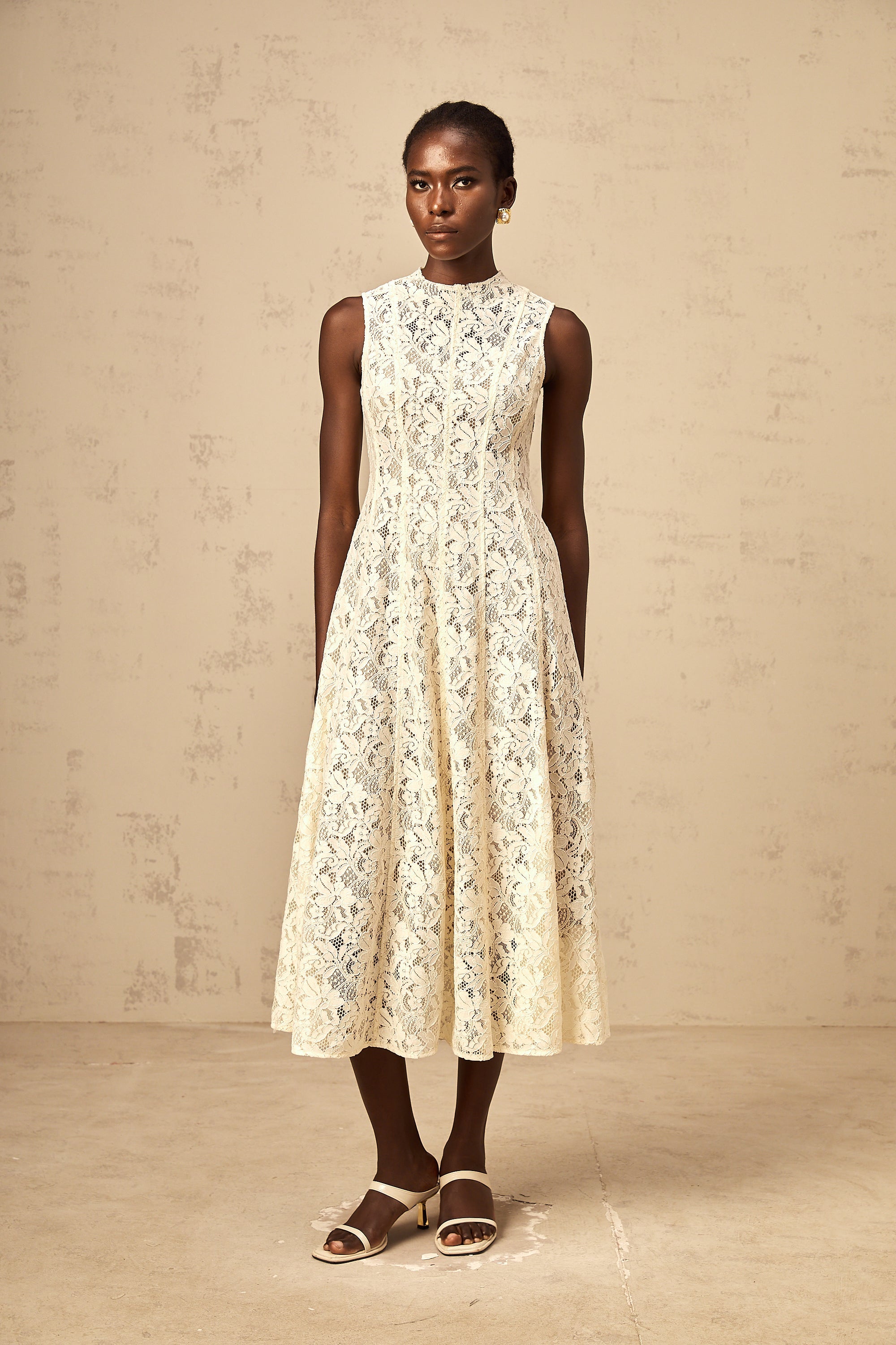 Edelie beige floral-lace flared midi dress