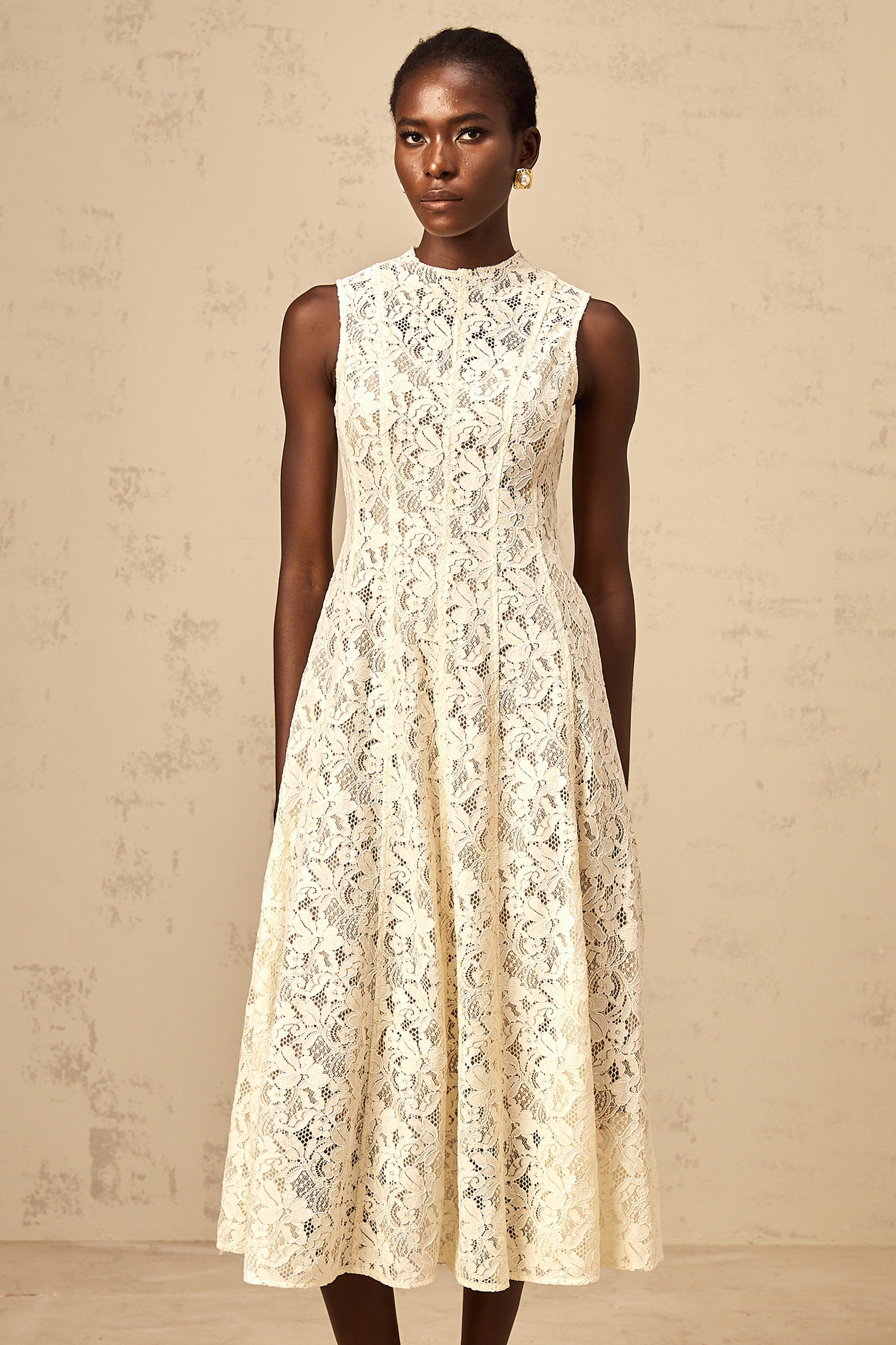 Edelie beige floral-lace flared midi dress