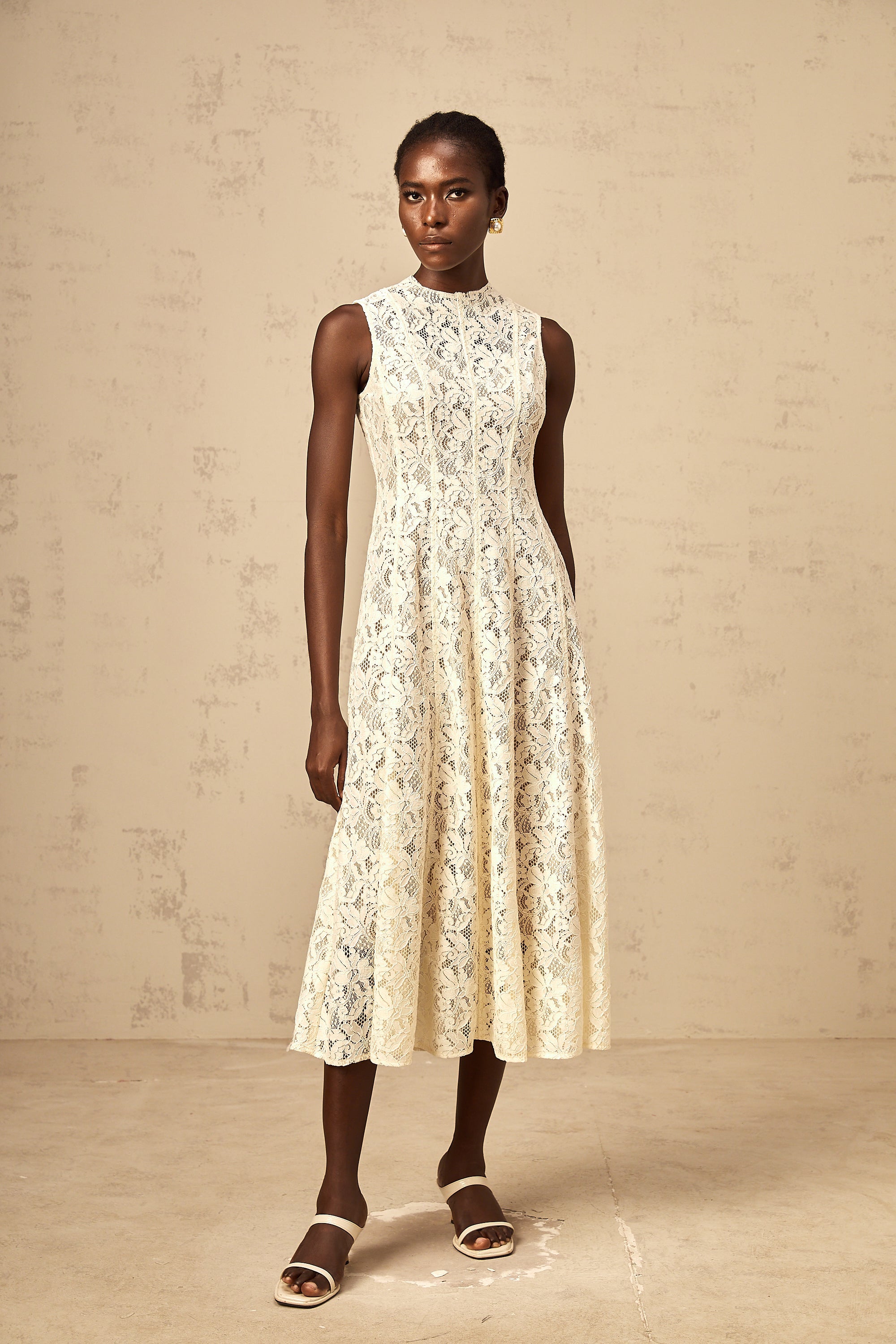 Edelie beige floral-lace flared midi dress