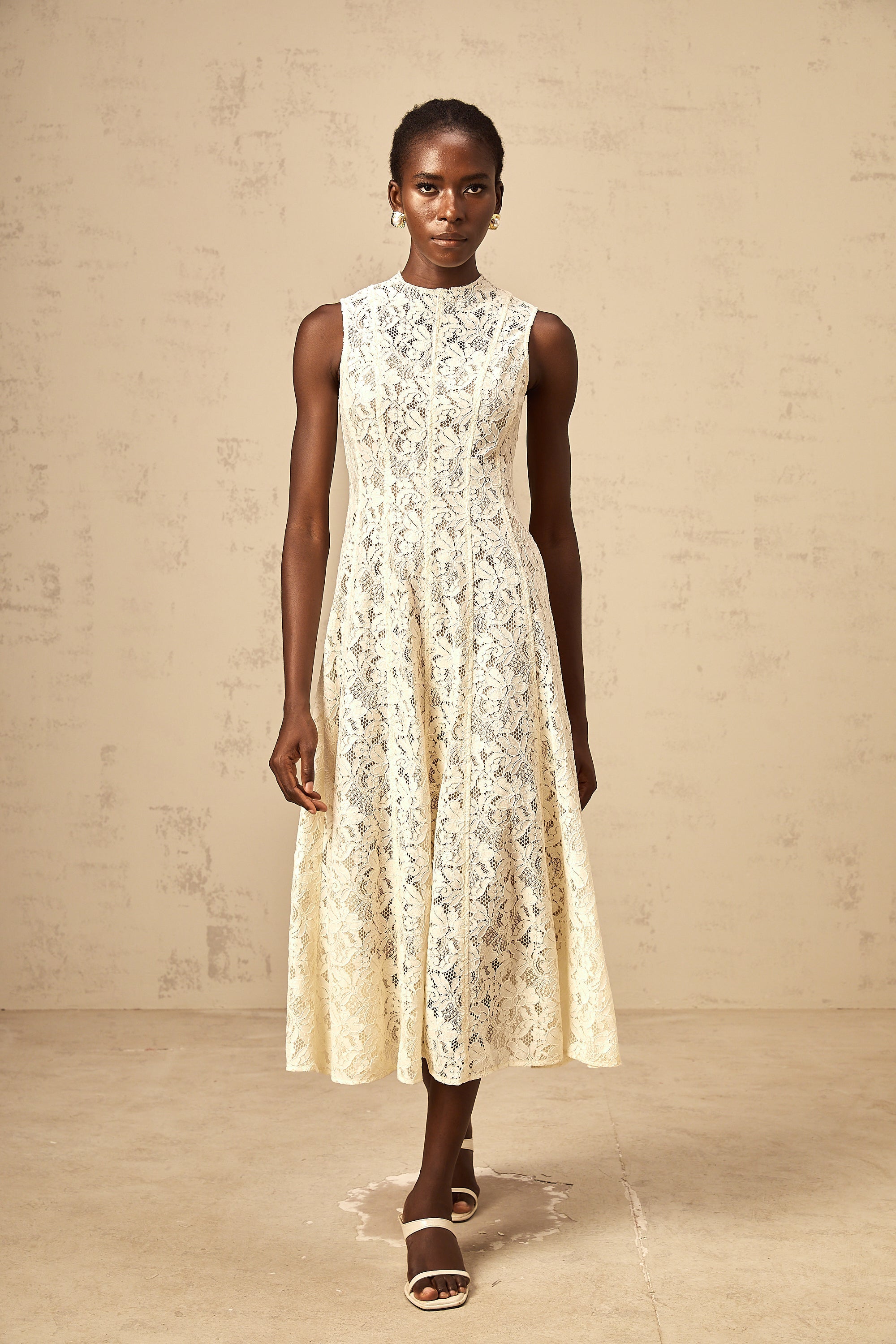 Edelie beige floral-lace flared midi dress