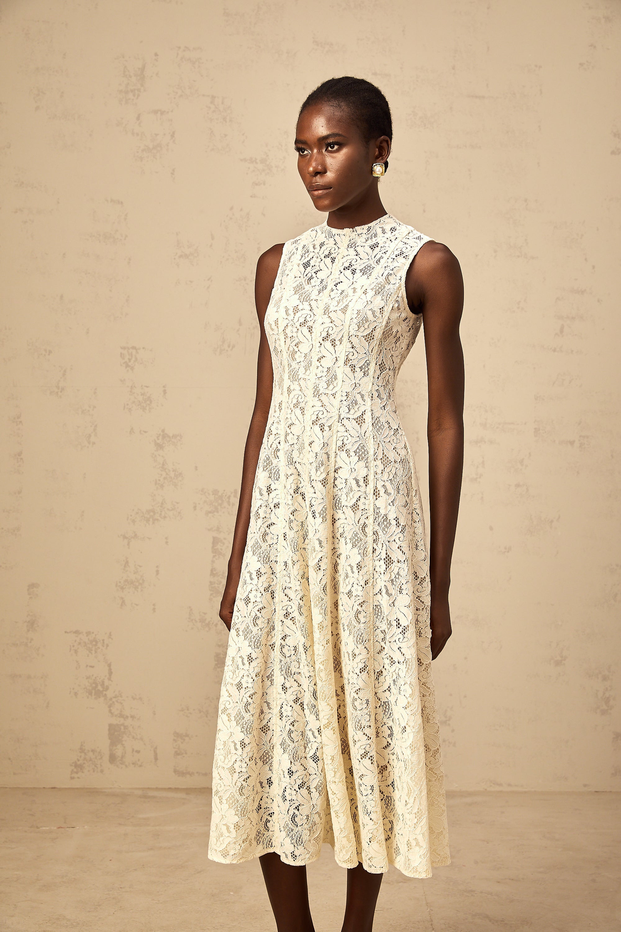 Edelie beige floral-lace flared midi dress