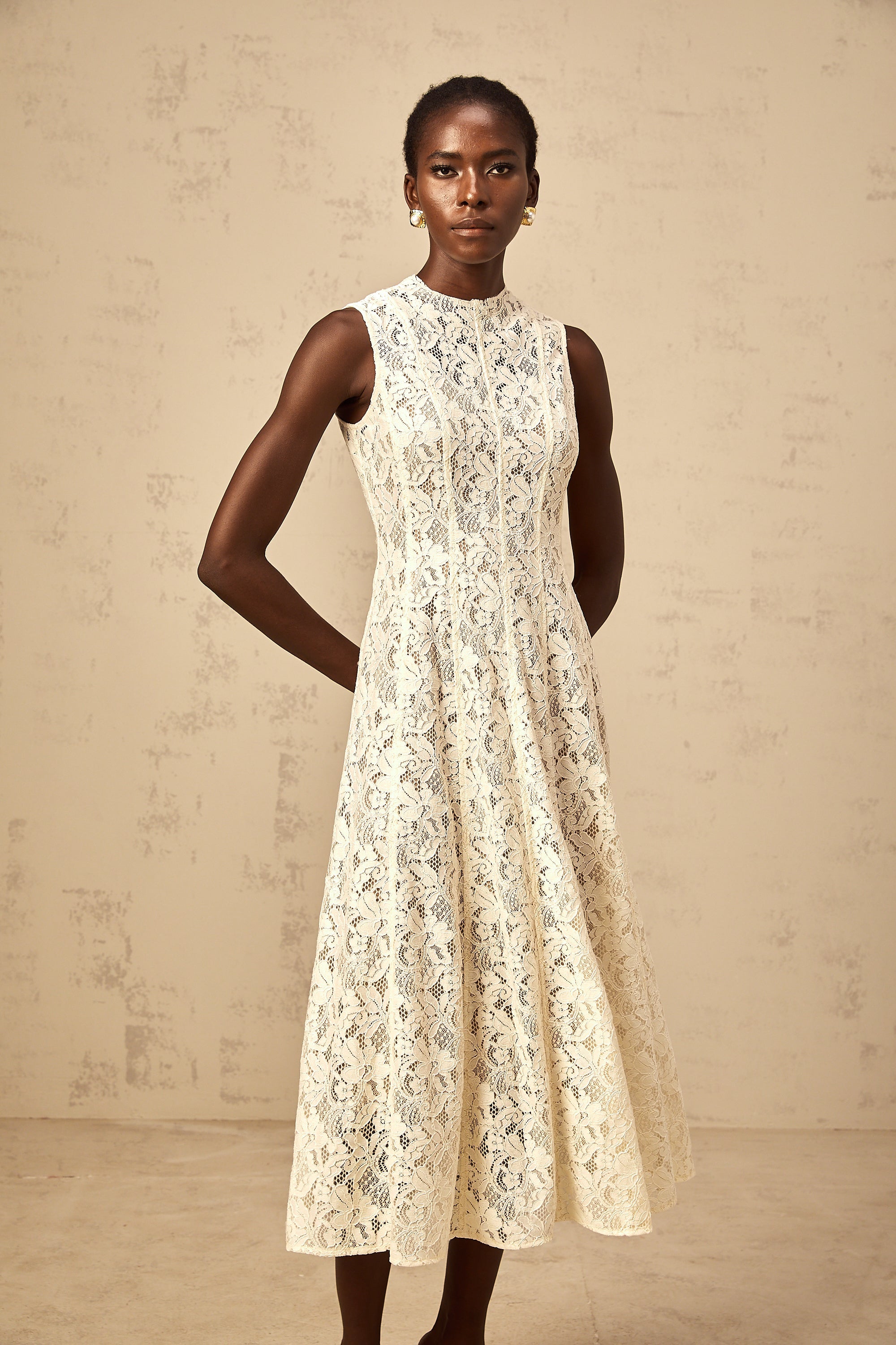 Edelie beige floral-lace flared midi dress