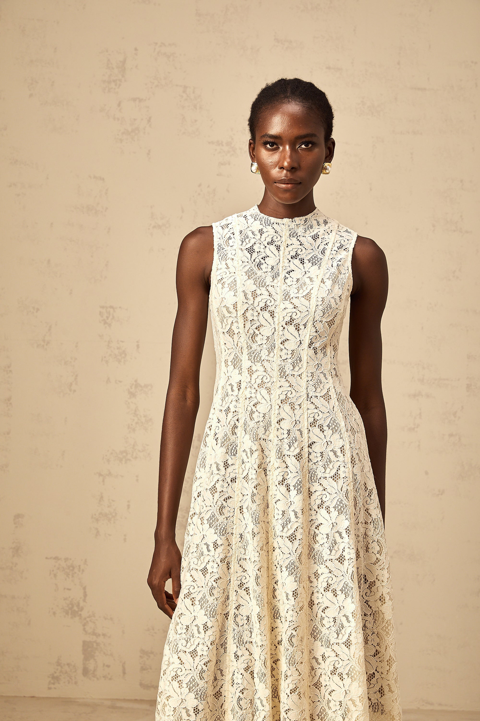 Edelie beige floral-lace flared midi dress