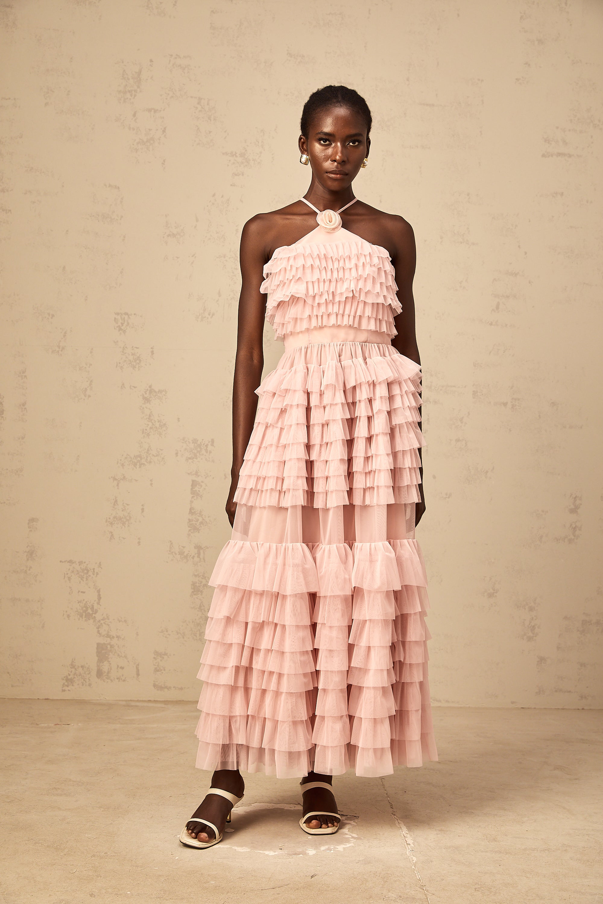 Isabelle pink petal-brooch ruffled tiered tulle maxi dress